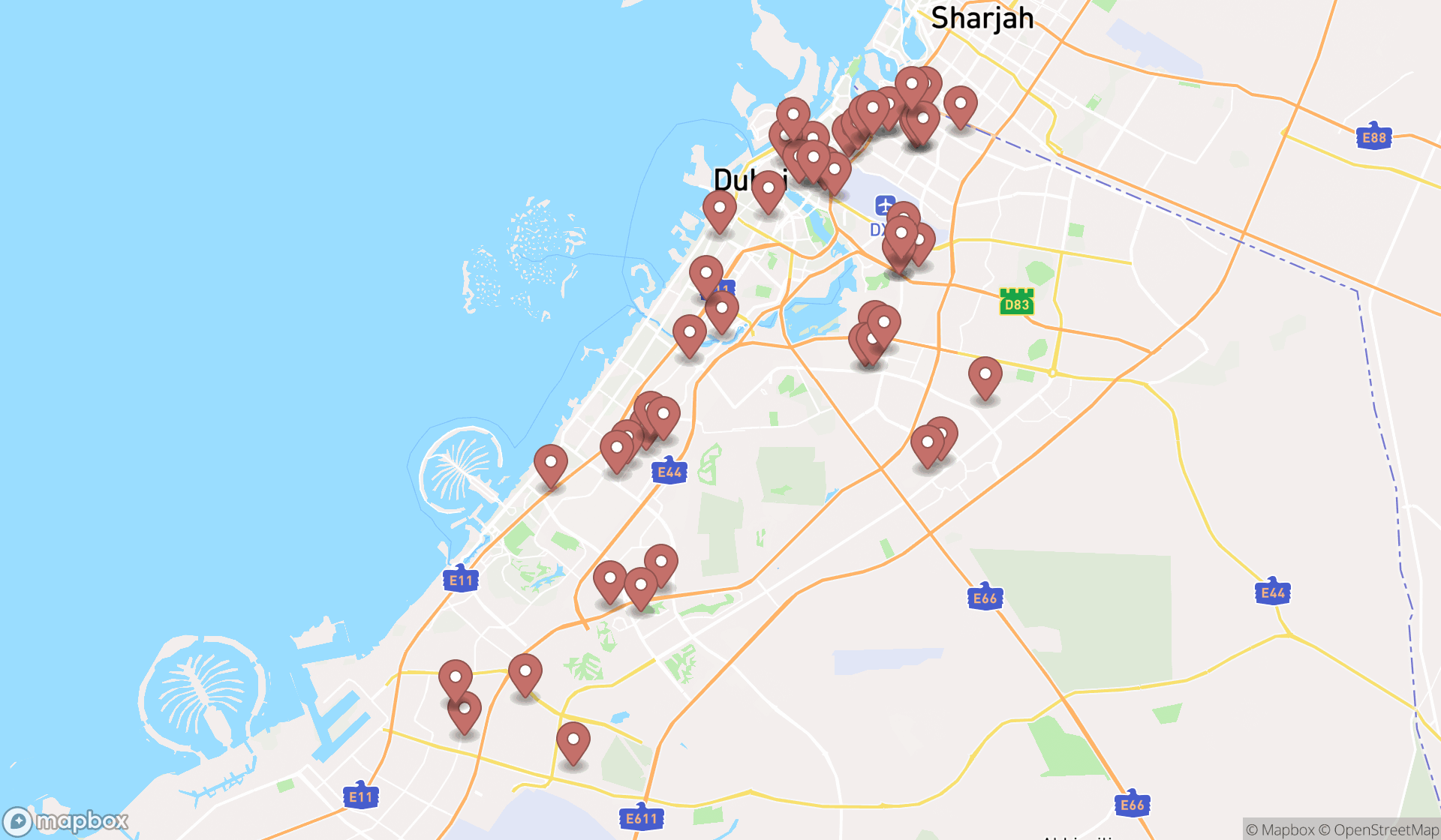 Map showing the search results in Dubai