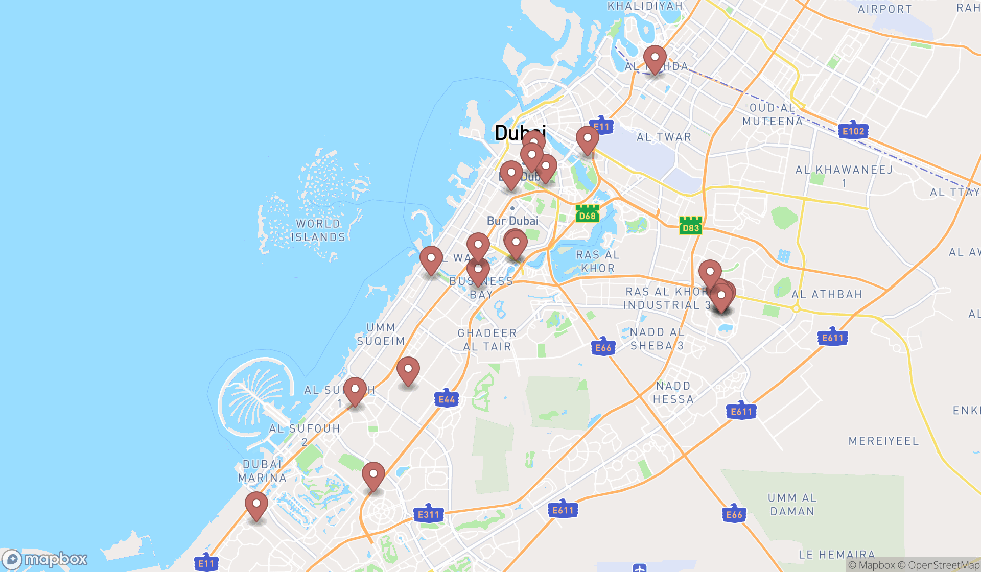 Map showing the search results in Dubai