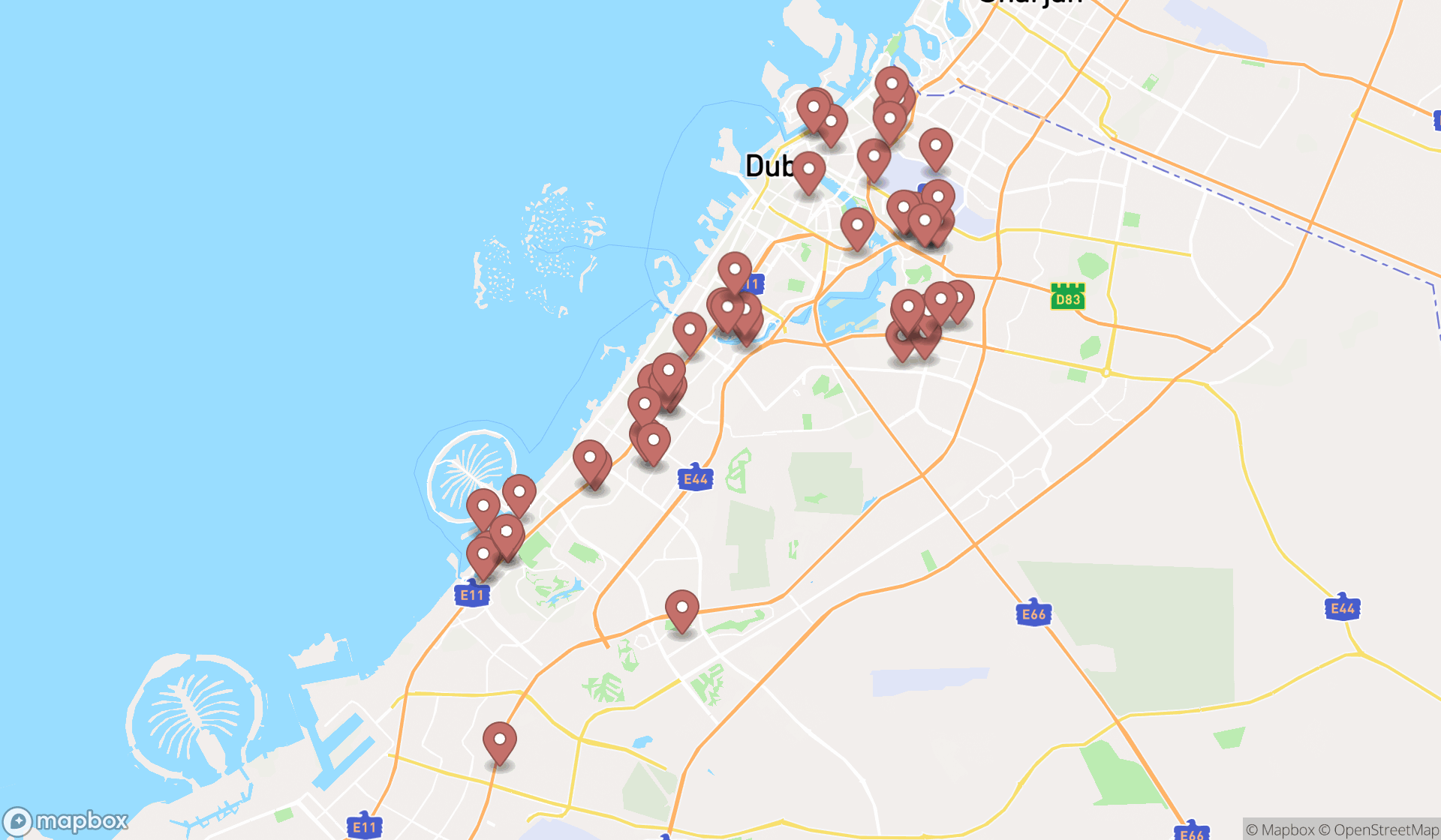 Map showing the search results in Dubai
