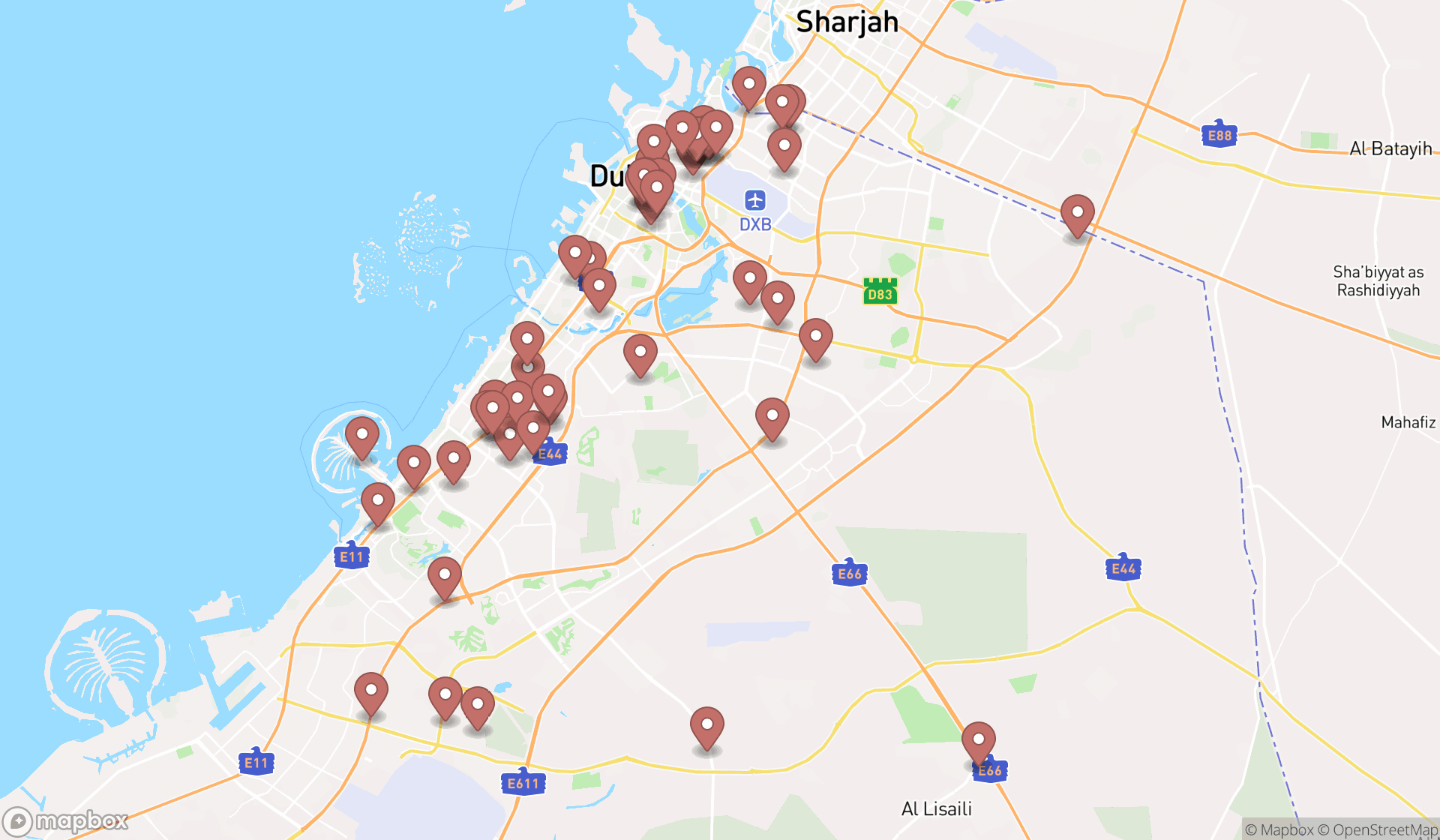 Map showing the search results in Dubai