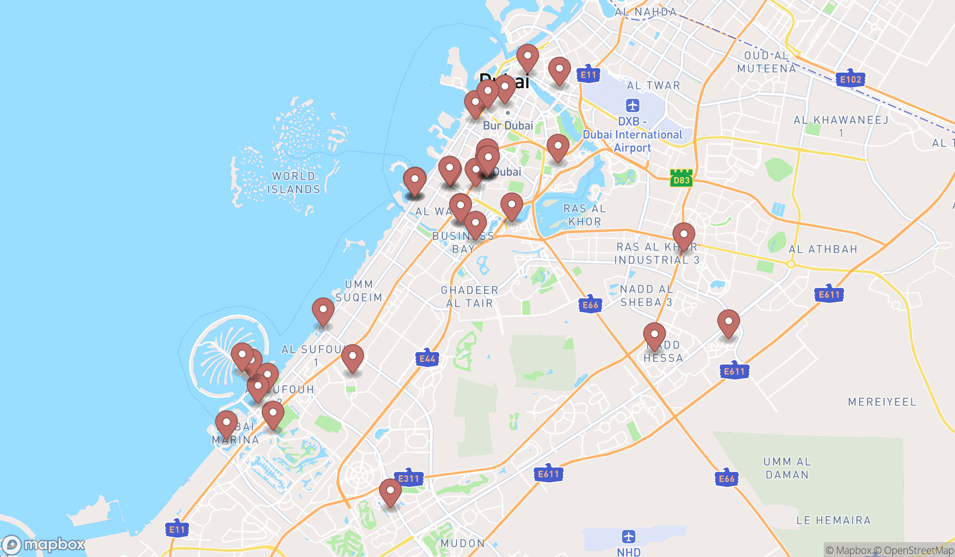 Map showing the search results in Dubai
