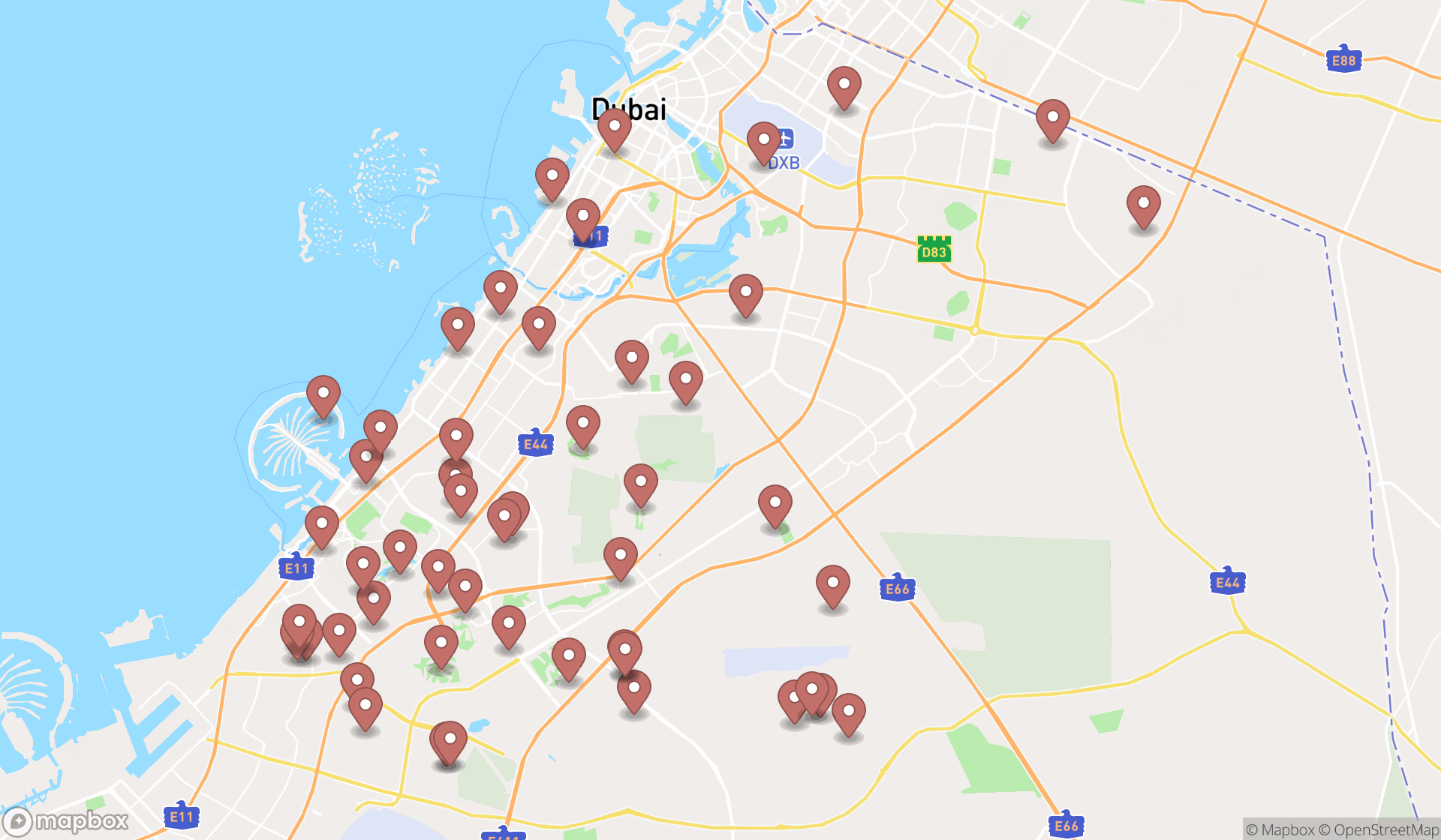 Map showing the search results in Dubai