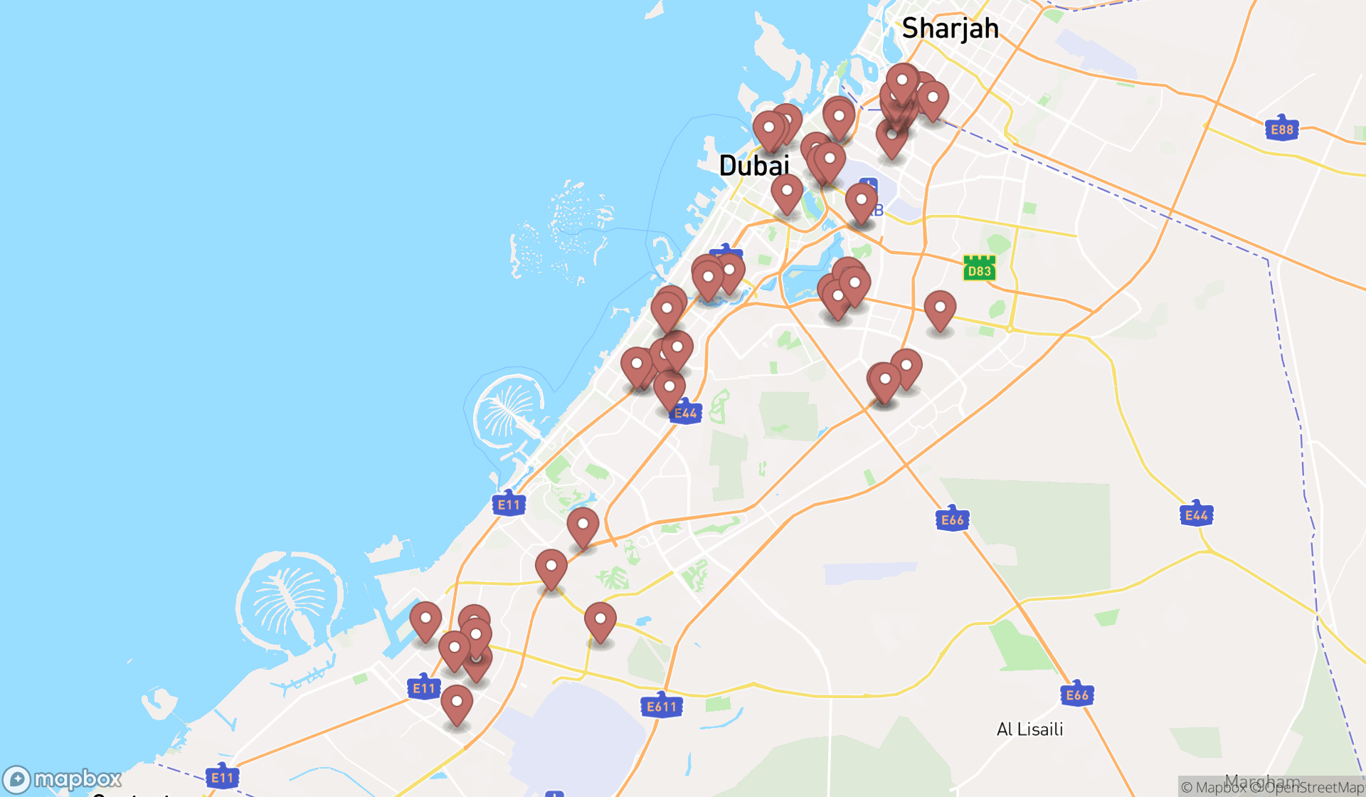 Map showing the search results in Dubai