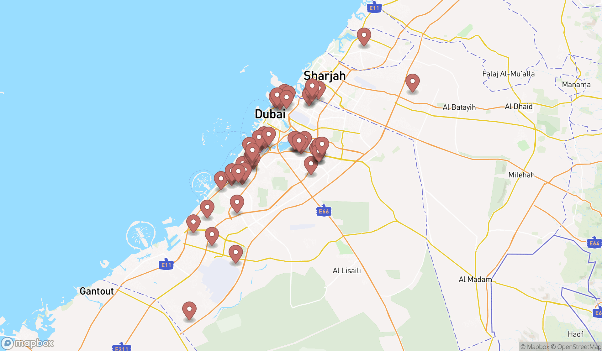 Map showing the search results in Dubai