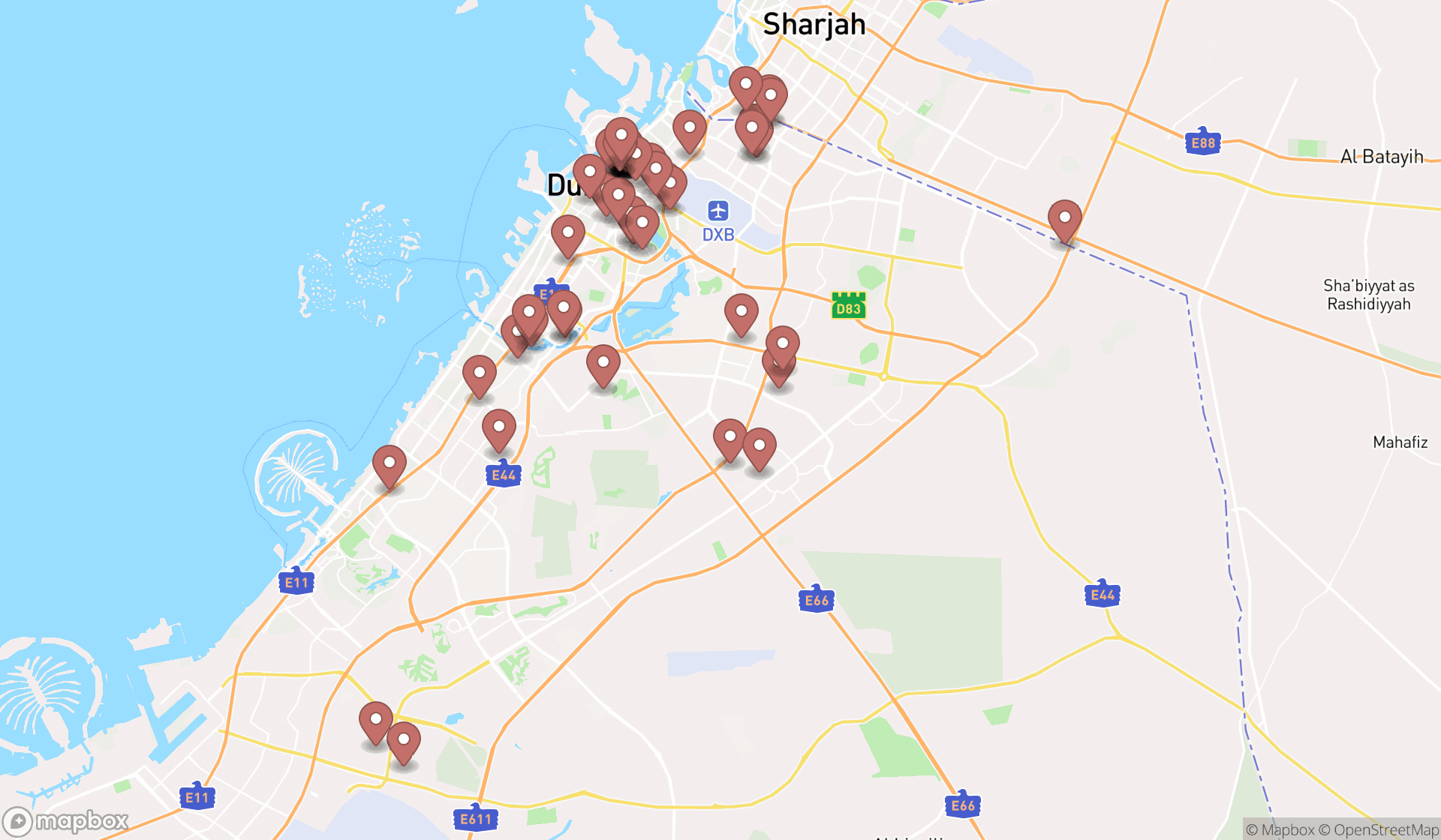 Map showing the search results in Dubai