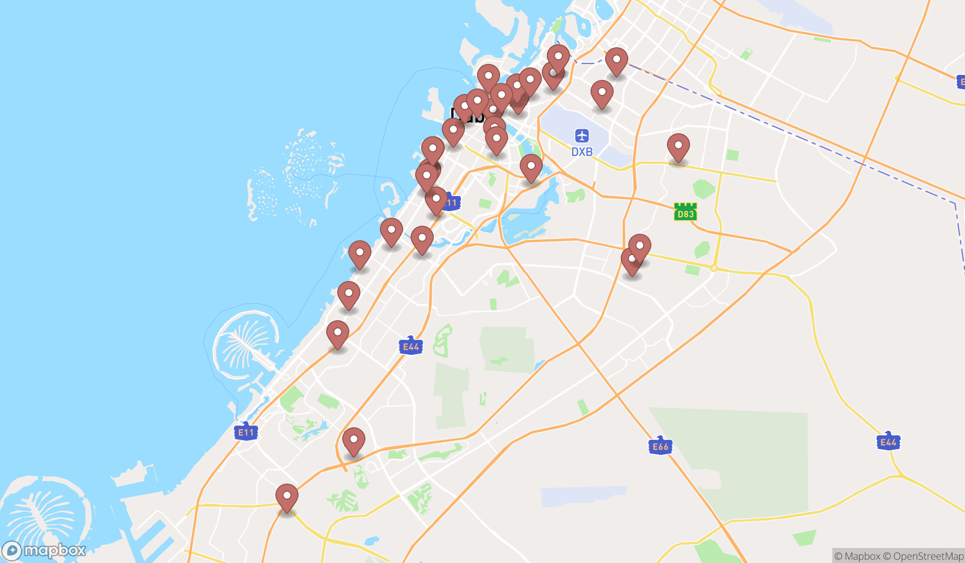 Map showing the search results in Dubai