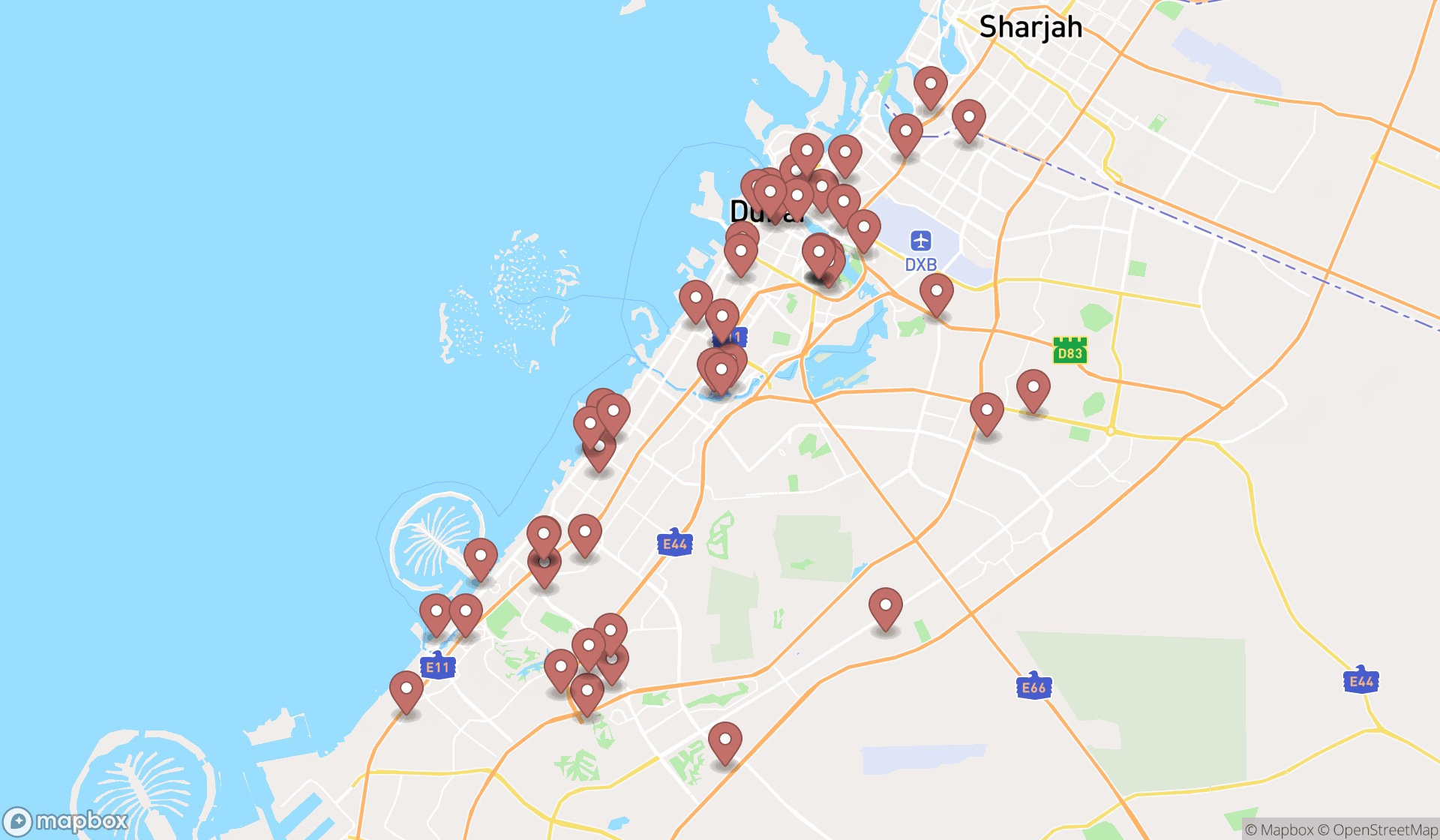 Map showing the search results in Dubai