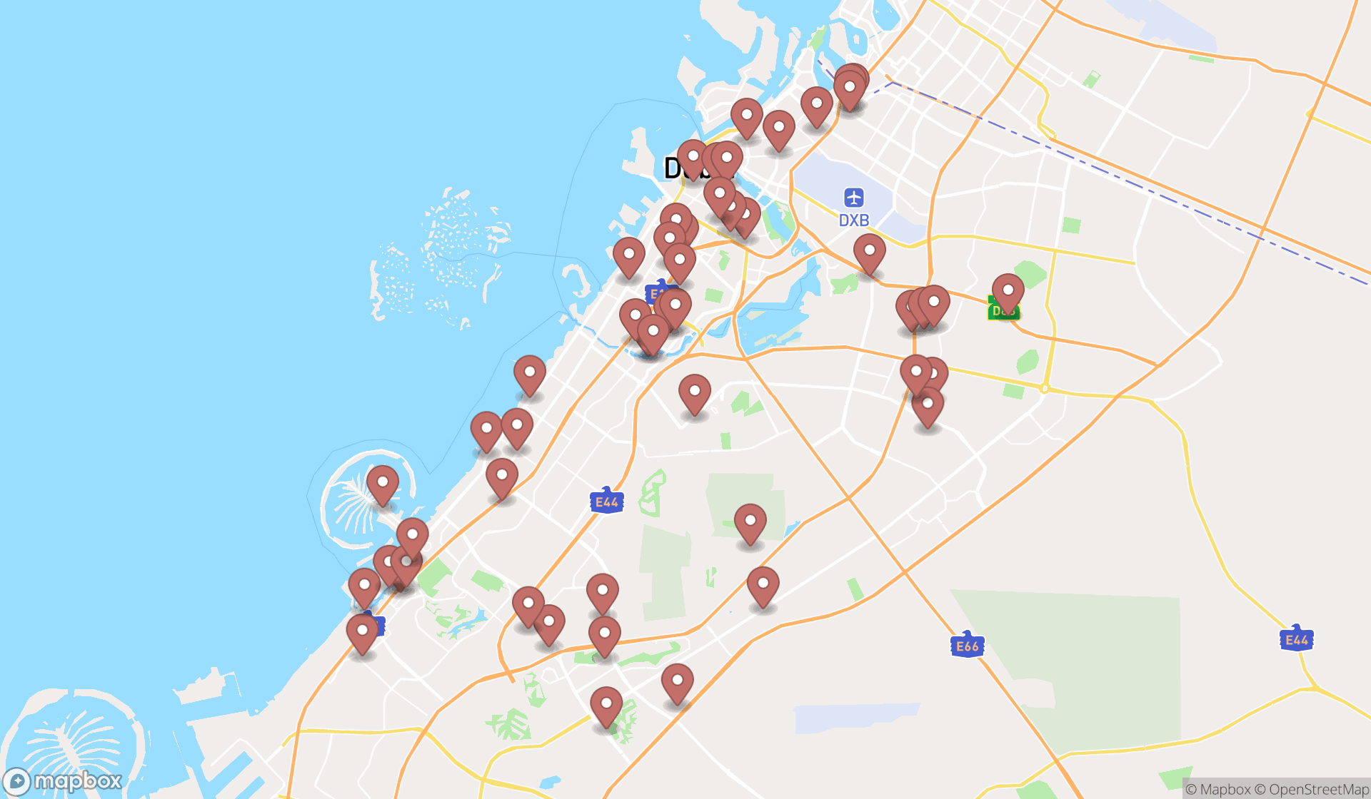 Map showing the search results in Dubai