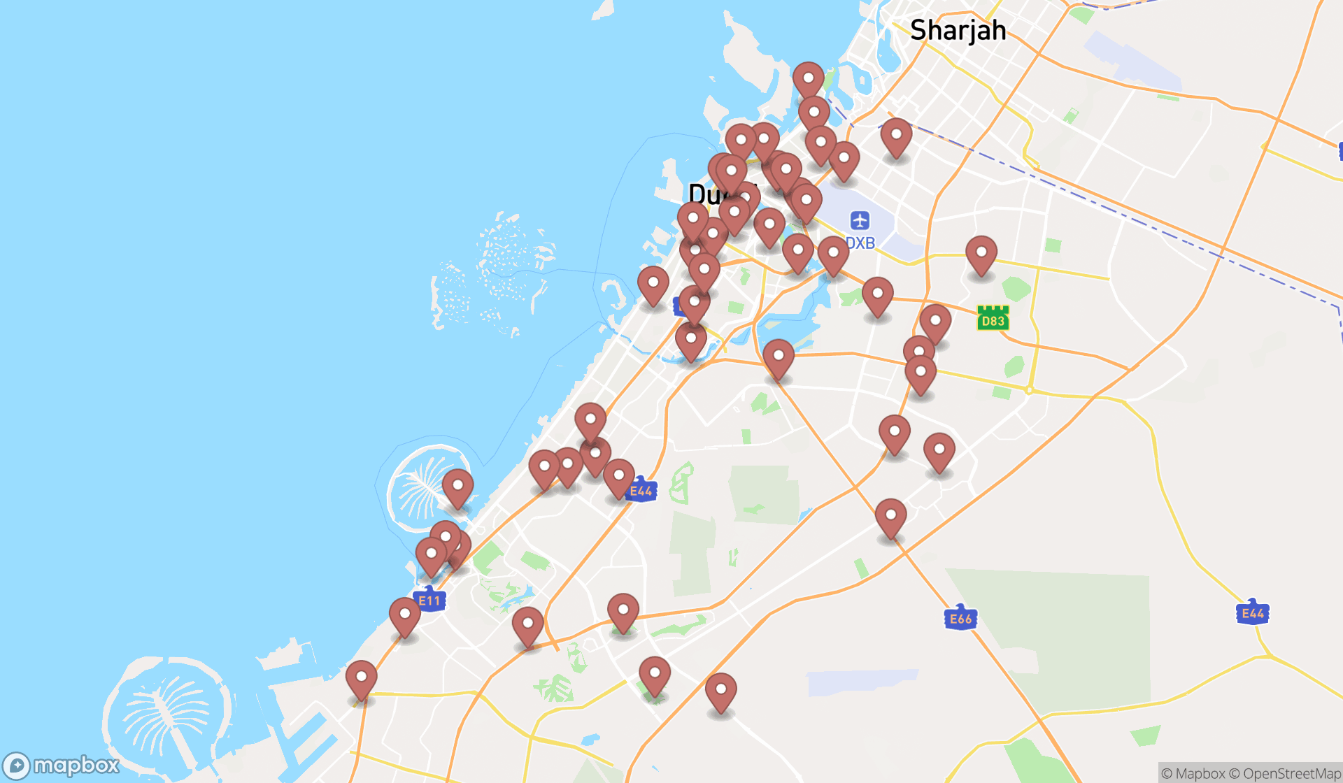Map showing the search results in Dubai