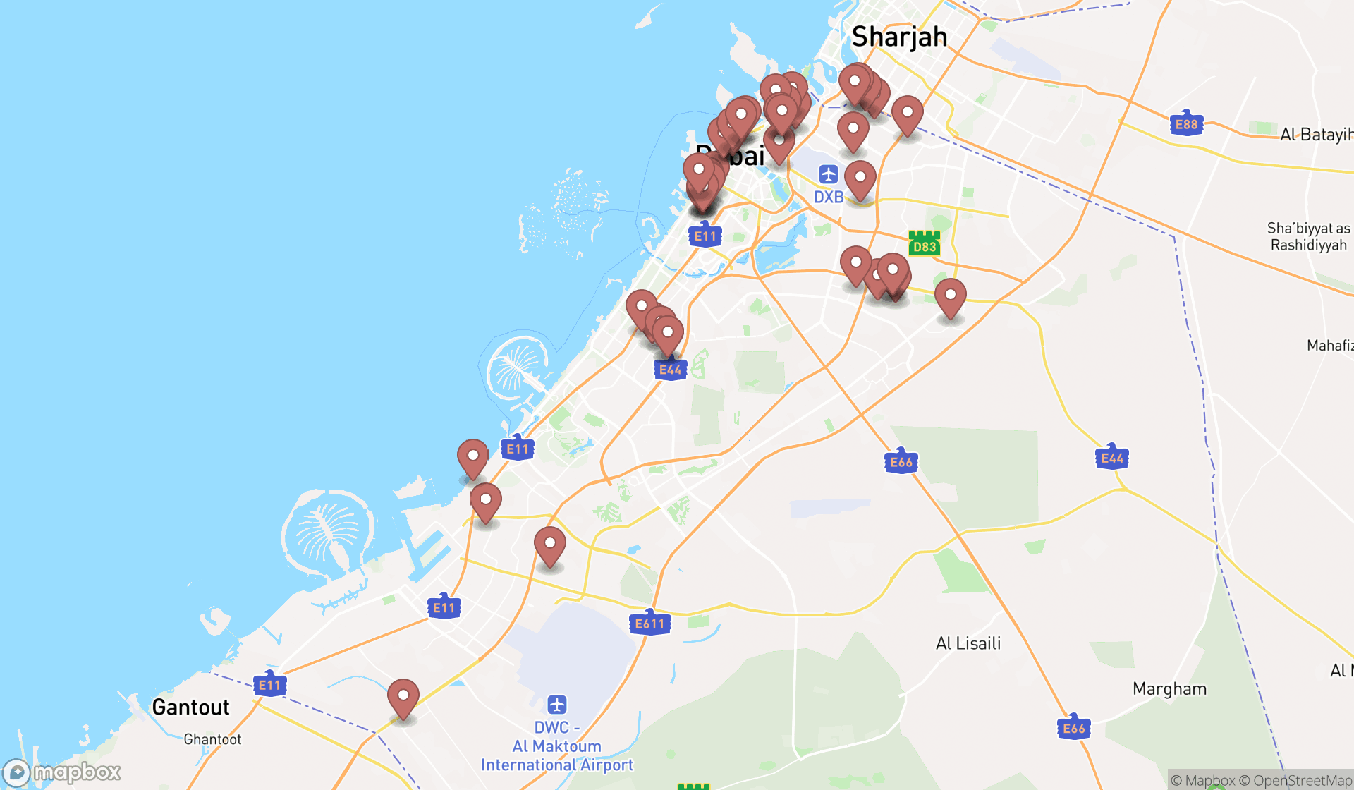 Map showing the search results in Dubai
