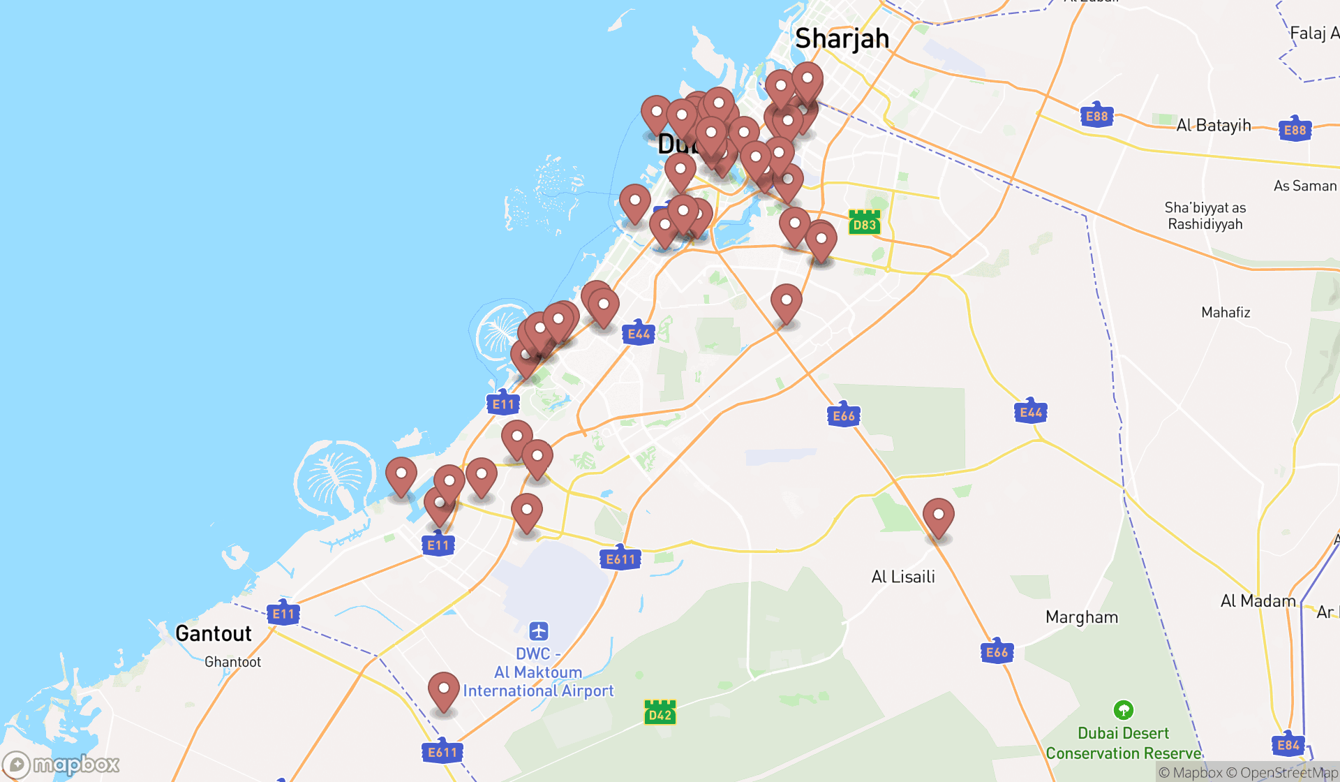 Map showing the search results in Dubai