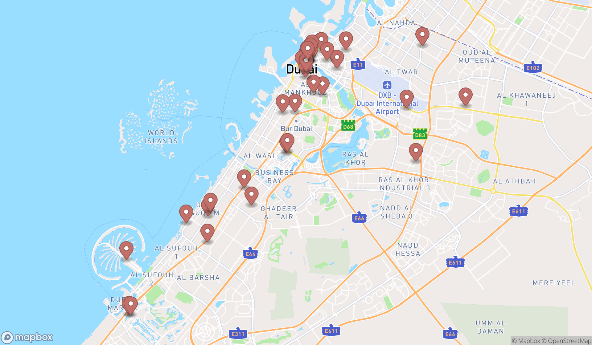 Map showing the search results in Dubai