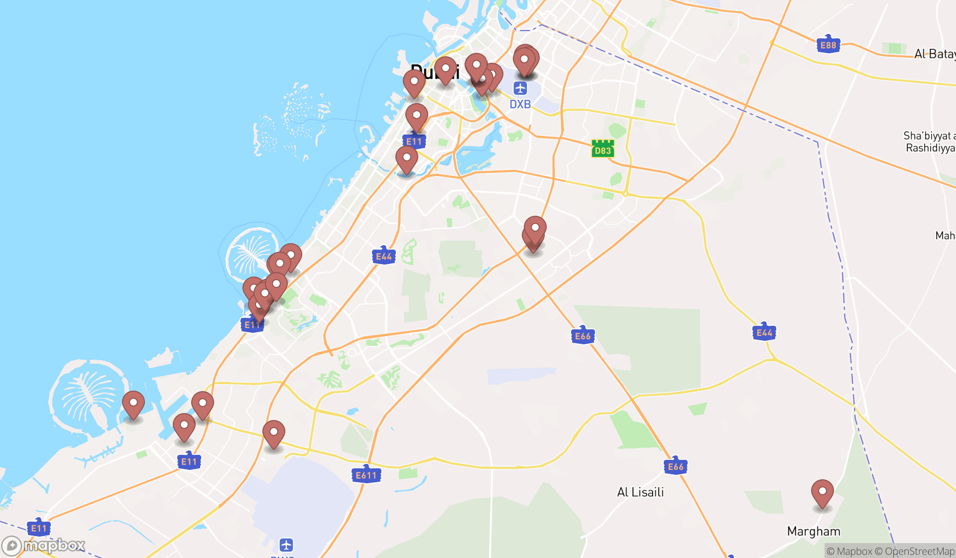 Map showing the search results in Dubai