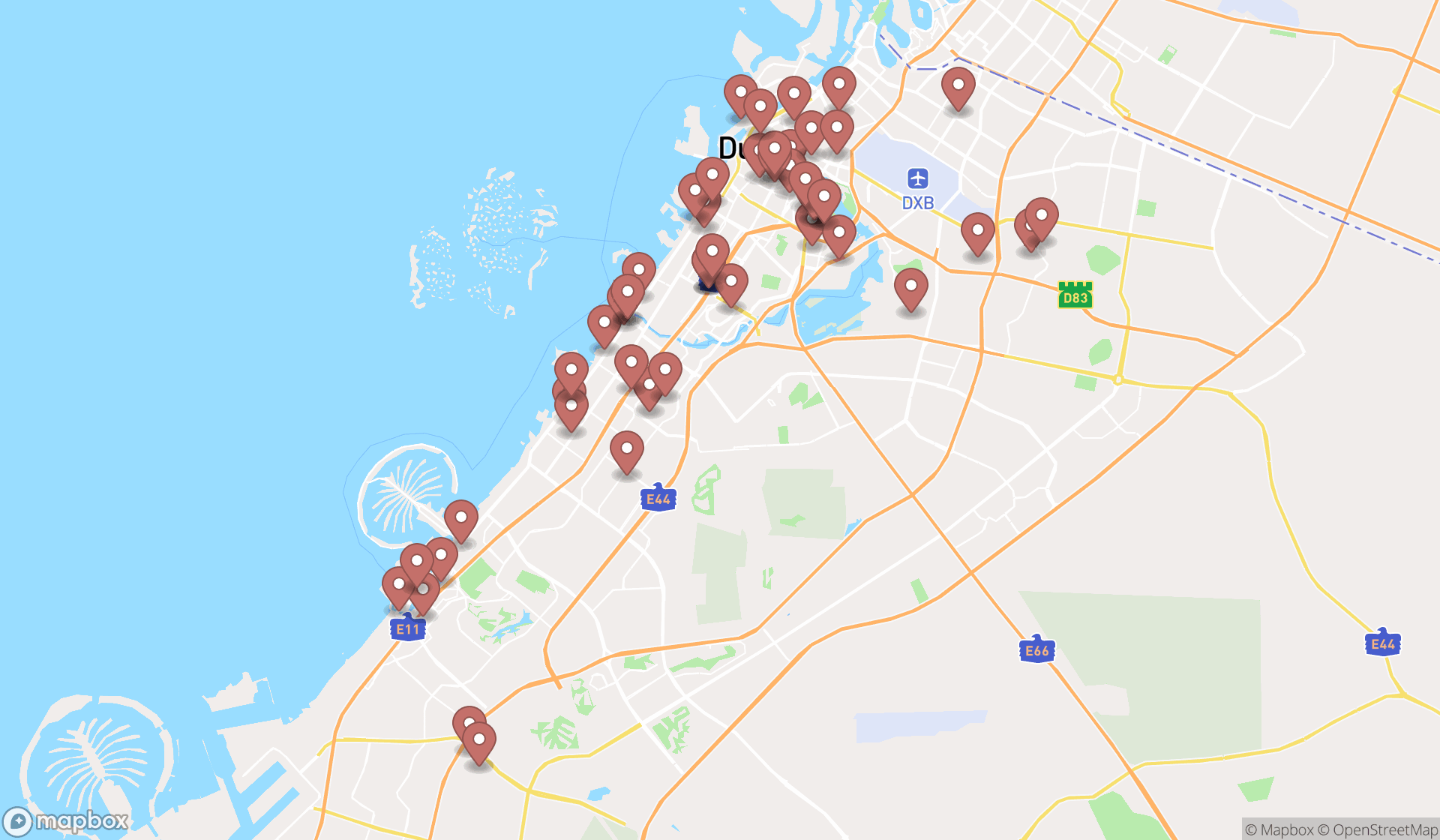 Map showing the search results in Dubai