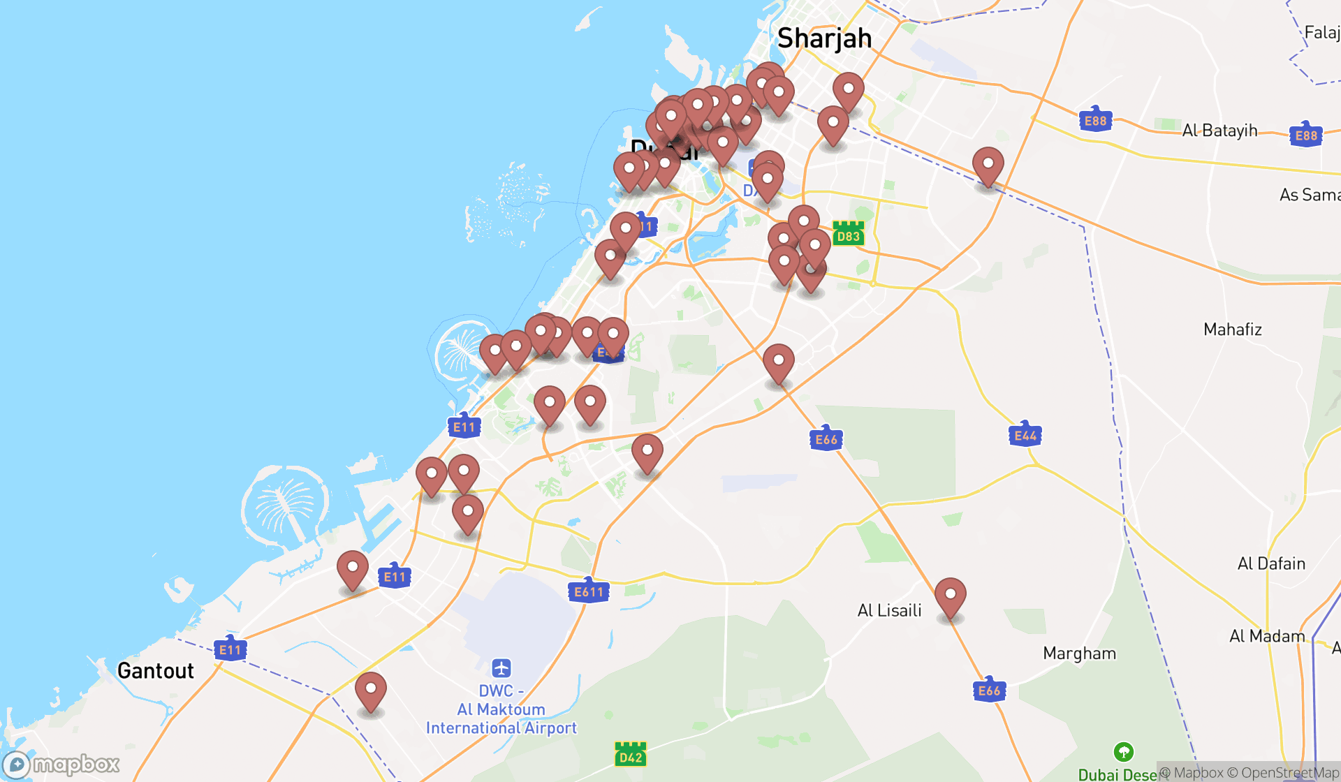 Map showing the search results in Dubai