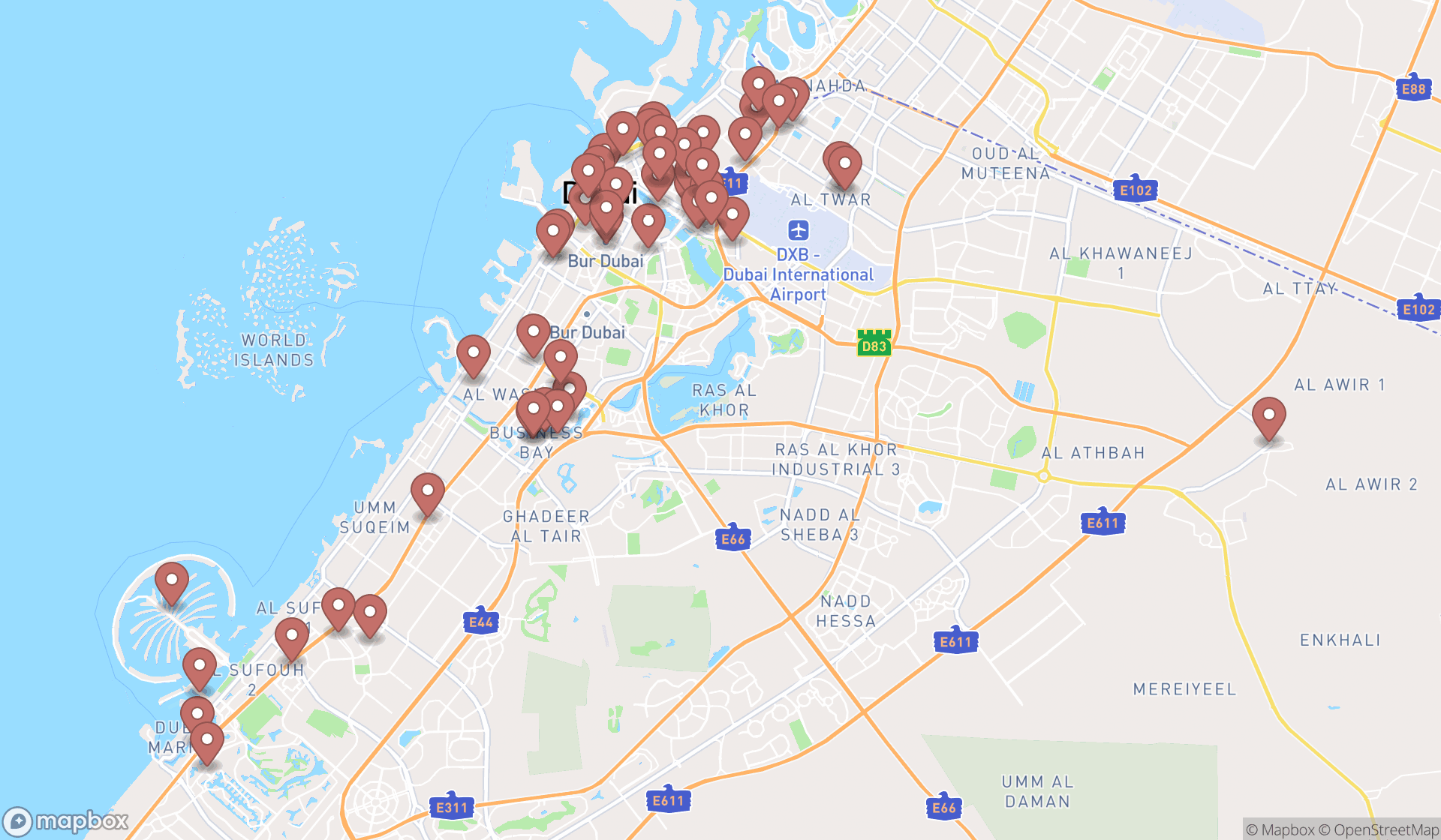 Map showing the search results in Dubai