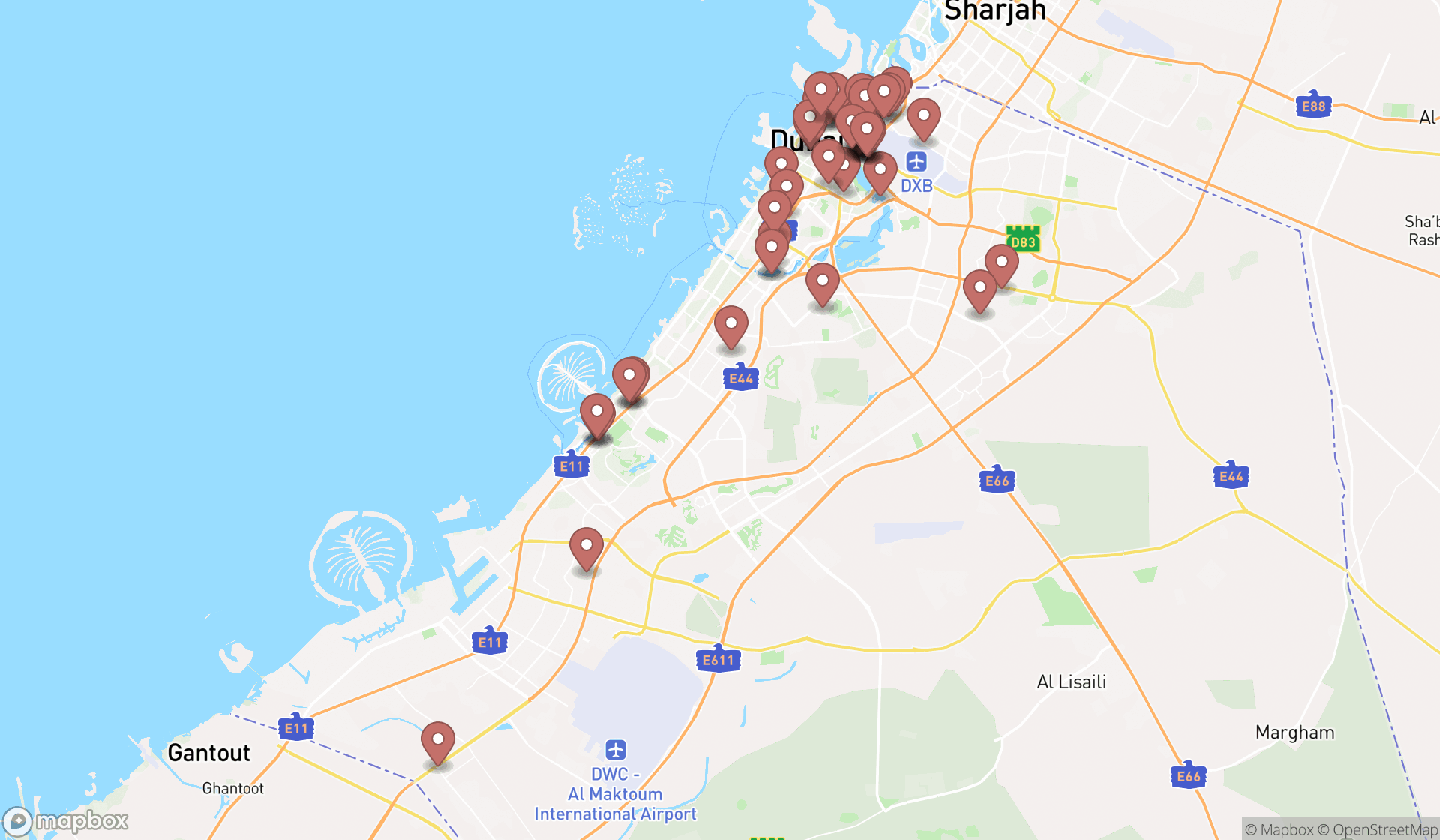 Map showing the search results in Dubai