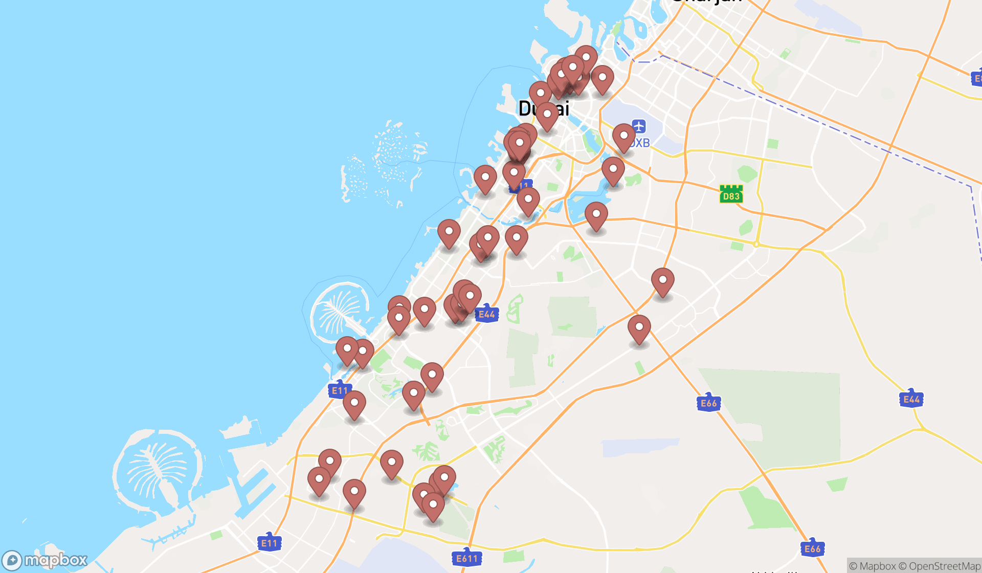 Map showing the search results in Dubai