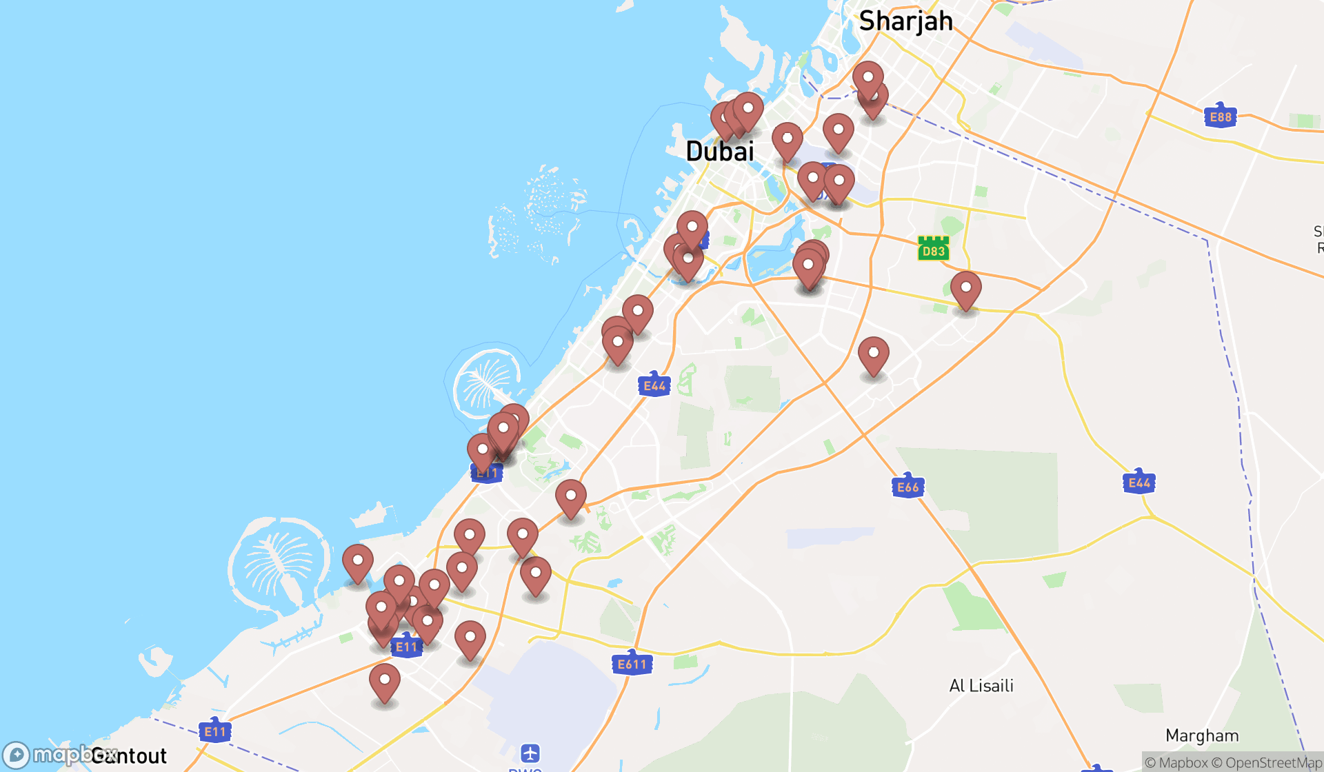 Map showing the search results in Dubai