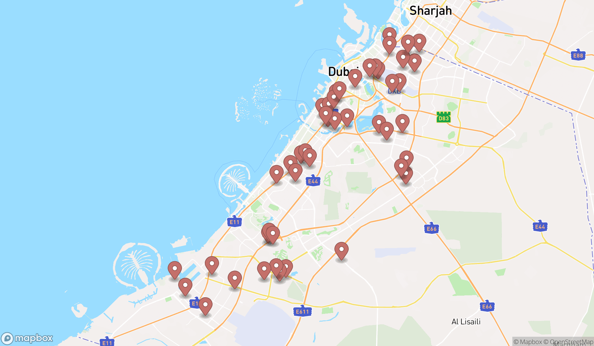 Map showing the search results in Dubai