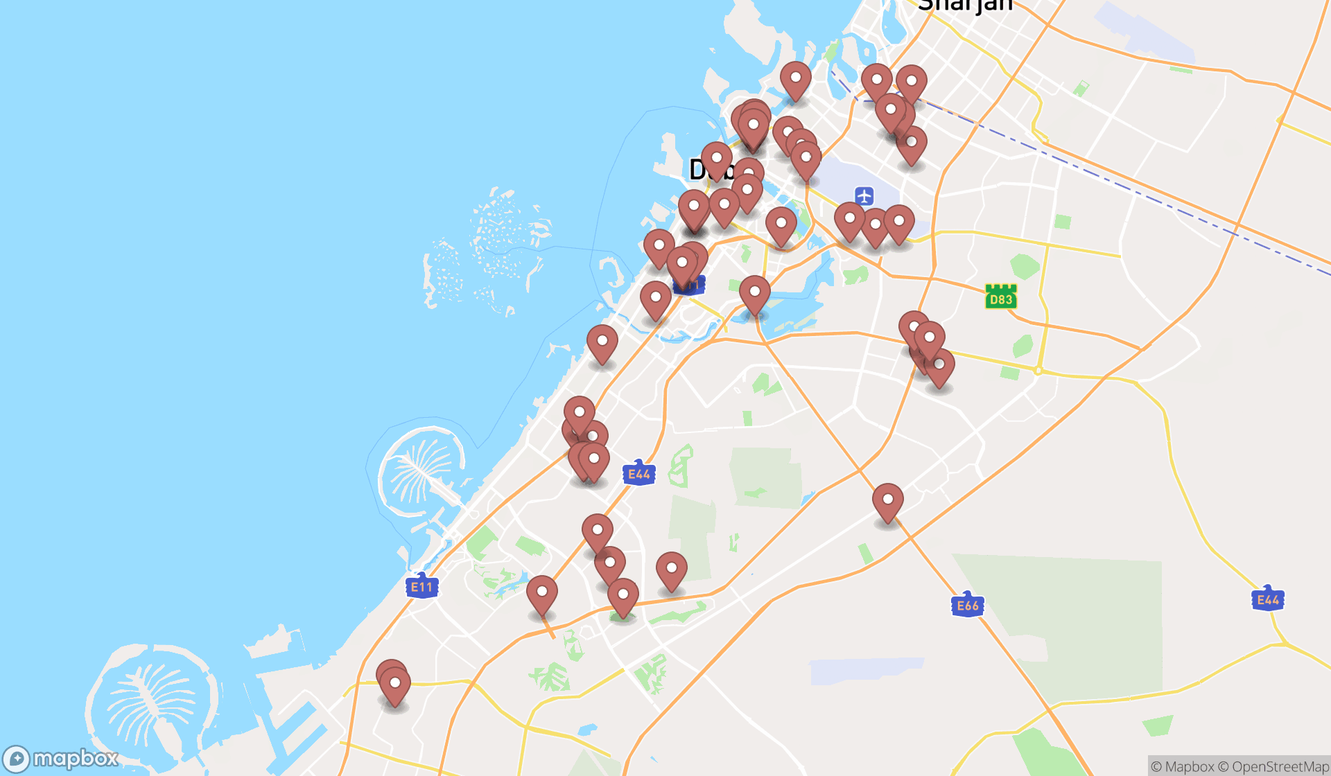 Map showing the search results in Dubai