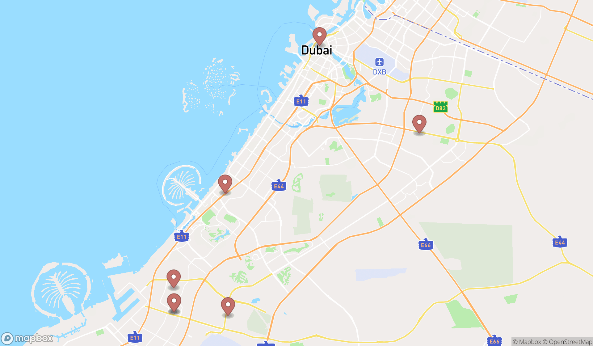 Map showing the search results in Dubai