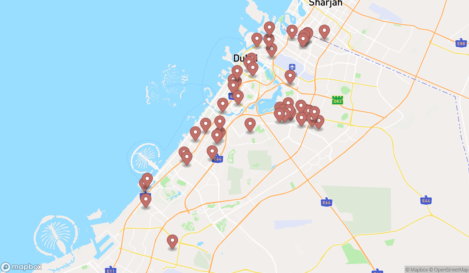 Map showing the search results in Dubai