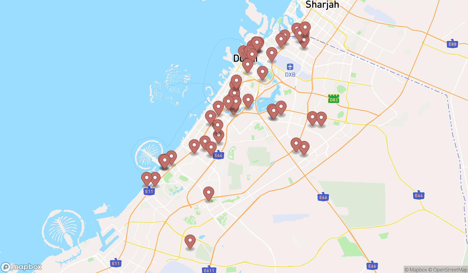 Map showing the search results in Dubai