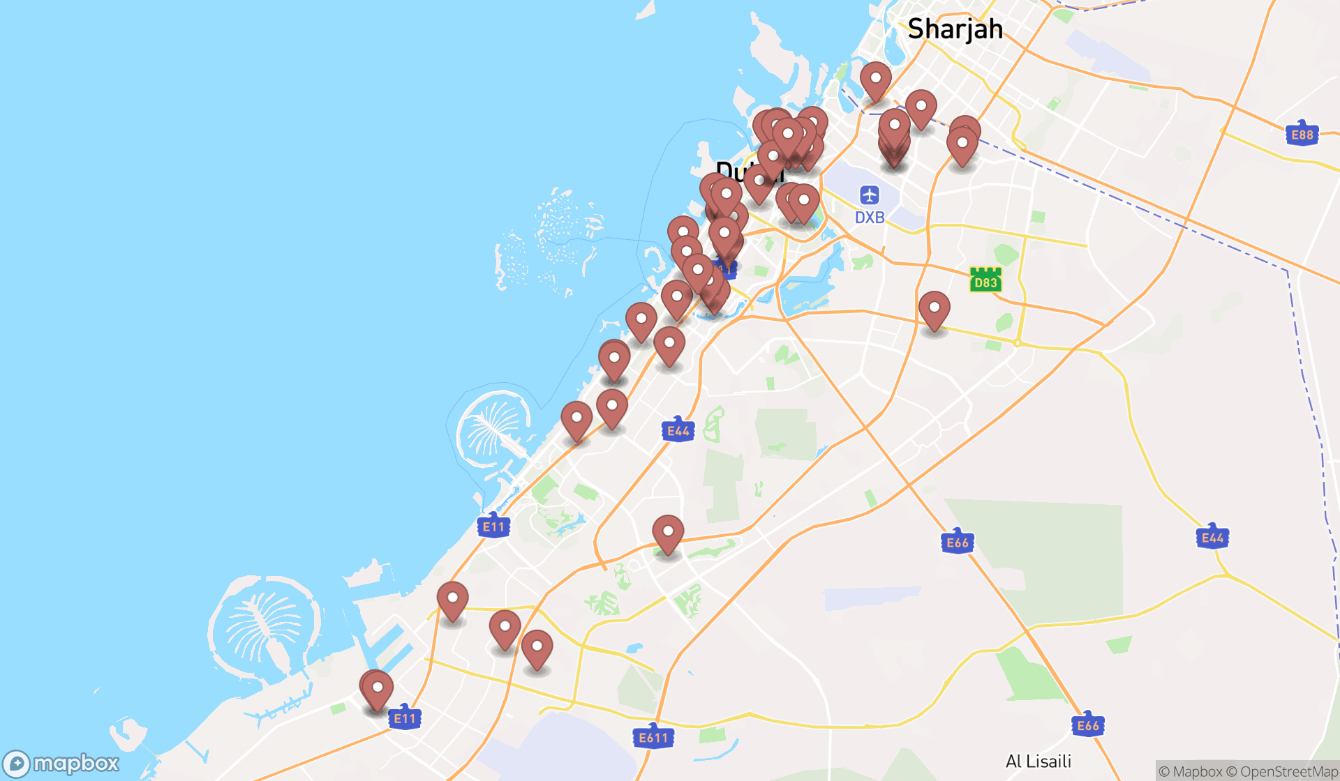 Map showing the search results in Dubai