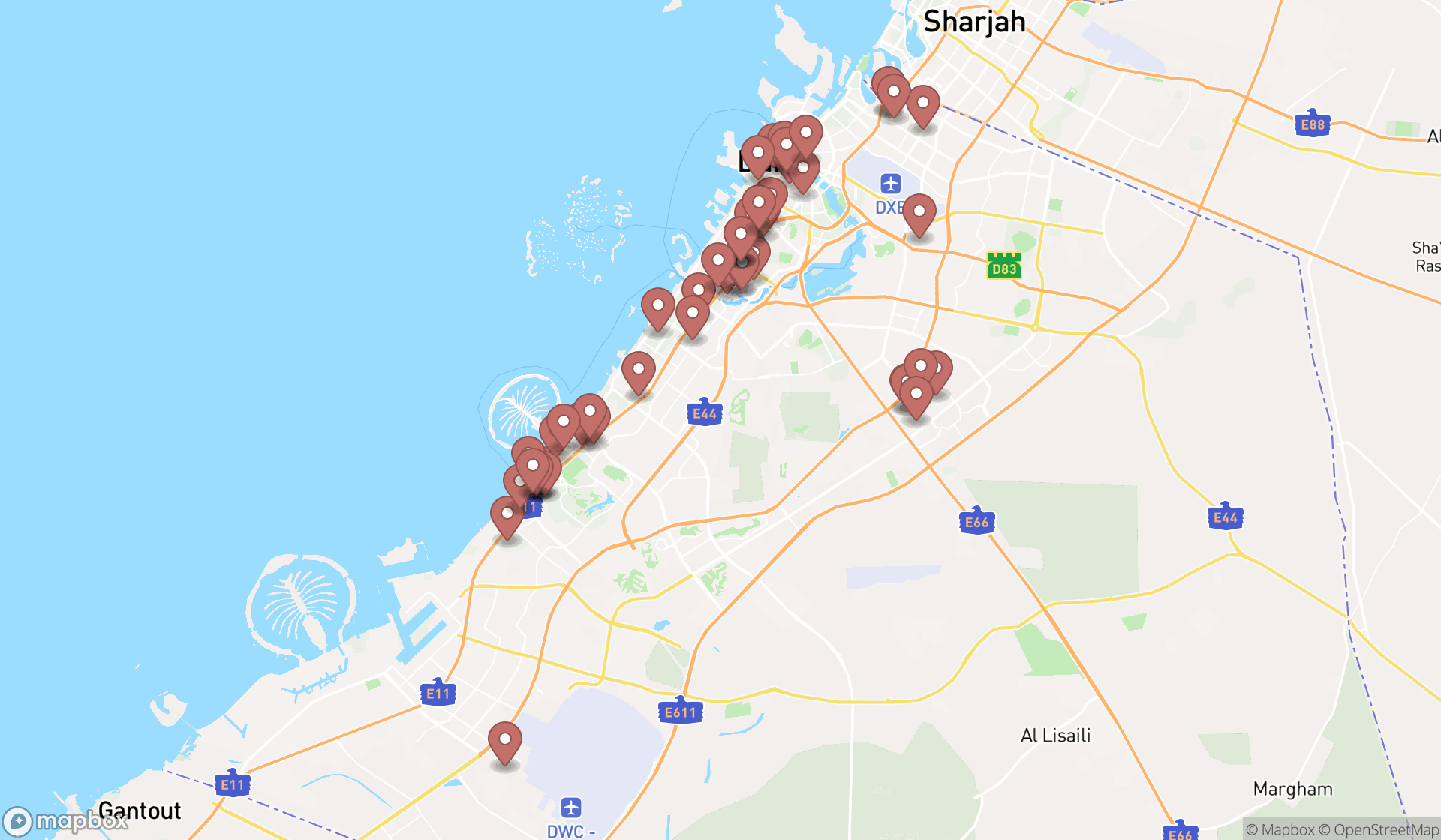 Map showing the search results in Dubai