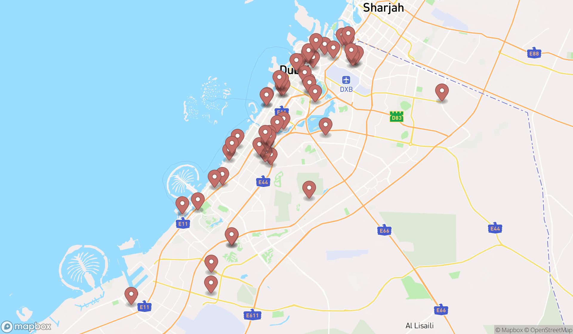 Map showing the search results in Dubai