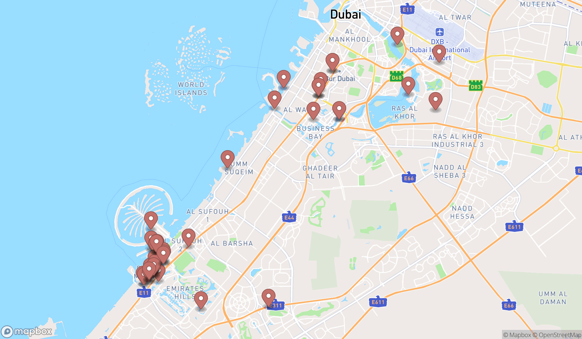 Map showing the search results in Dubai