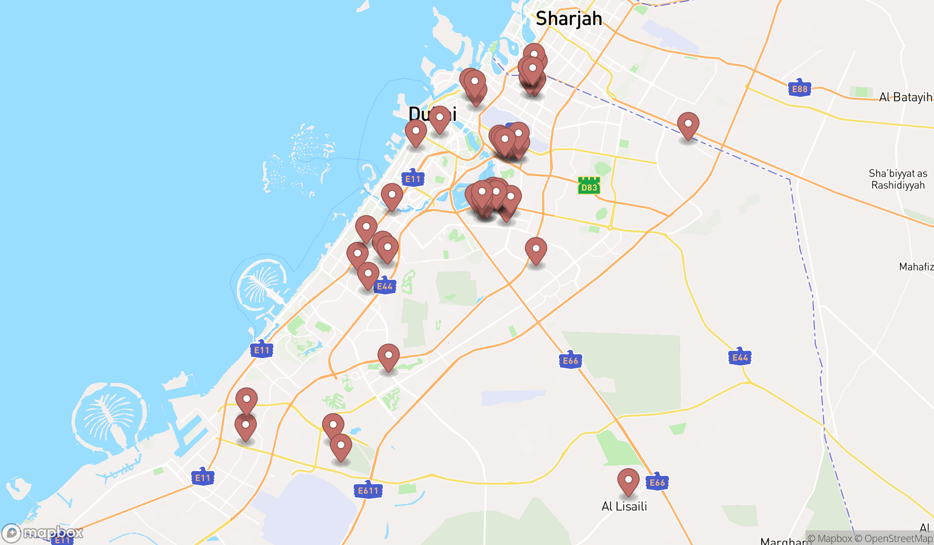 Map showing the search results in Dubai