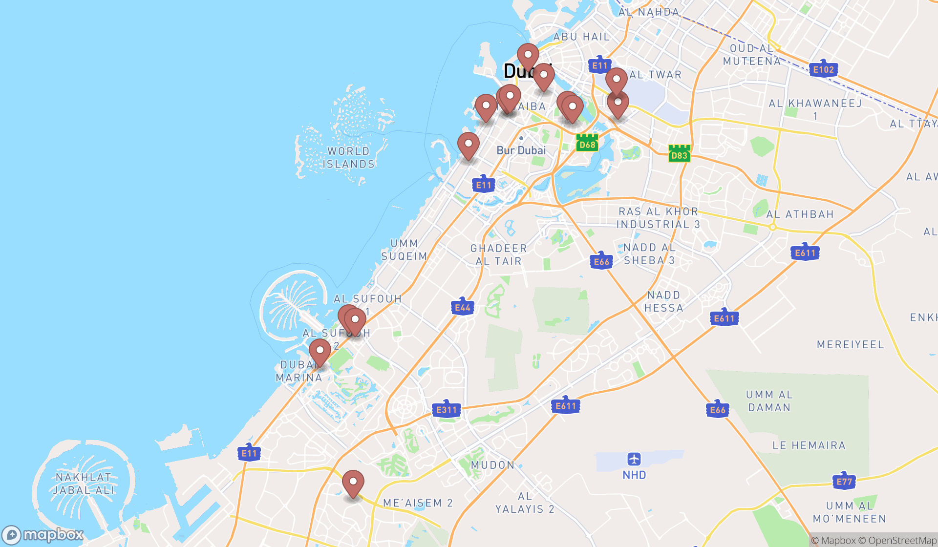 Map showing the search results in Dubai
