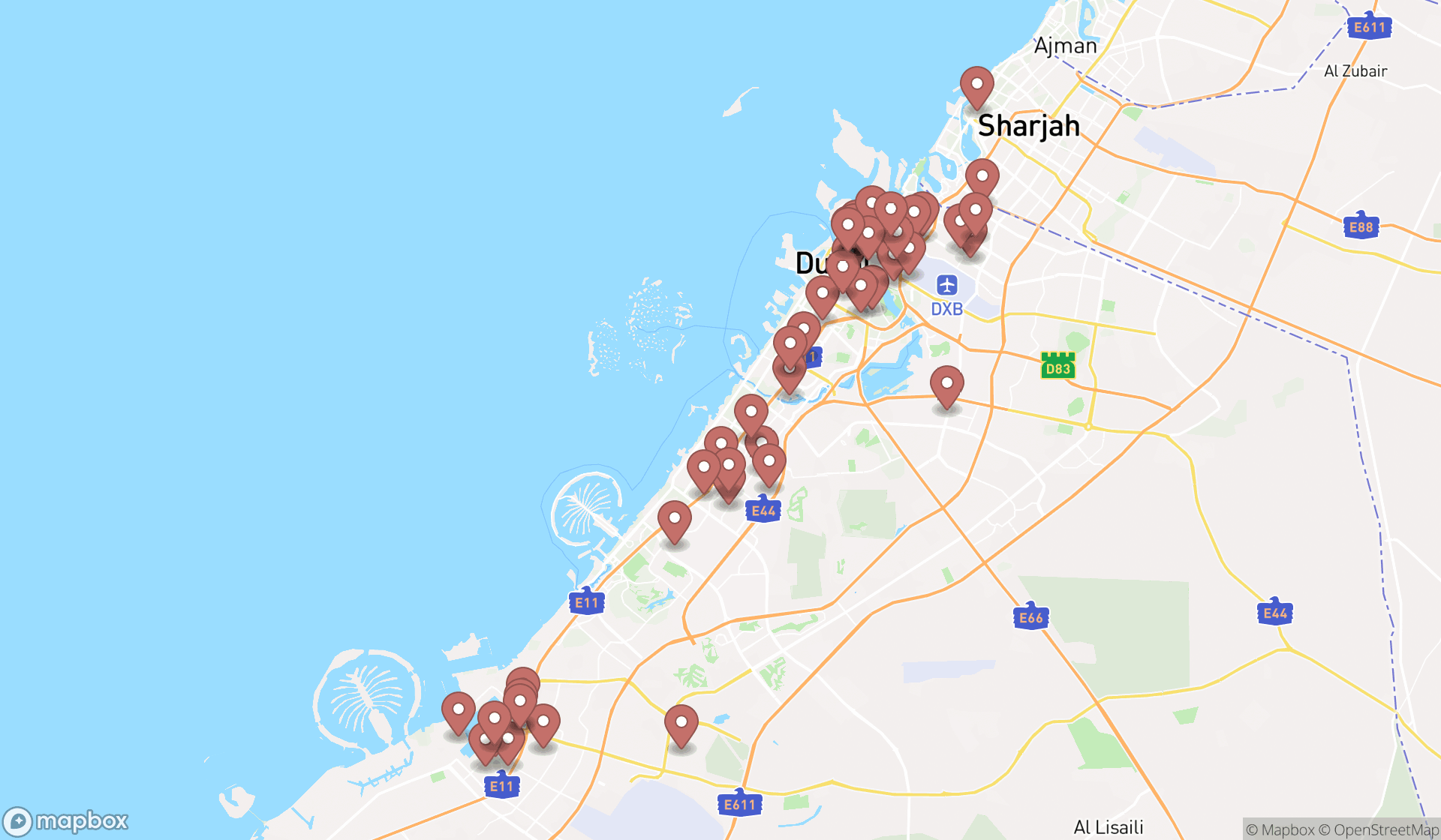 Map showing the search results in Dubai