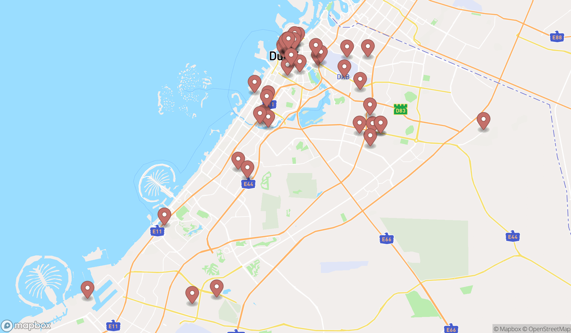 Map showing the search results in Dubai