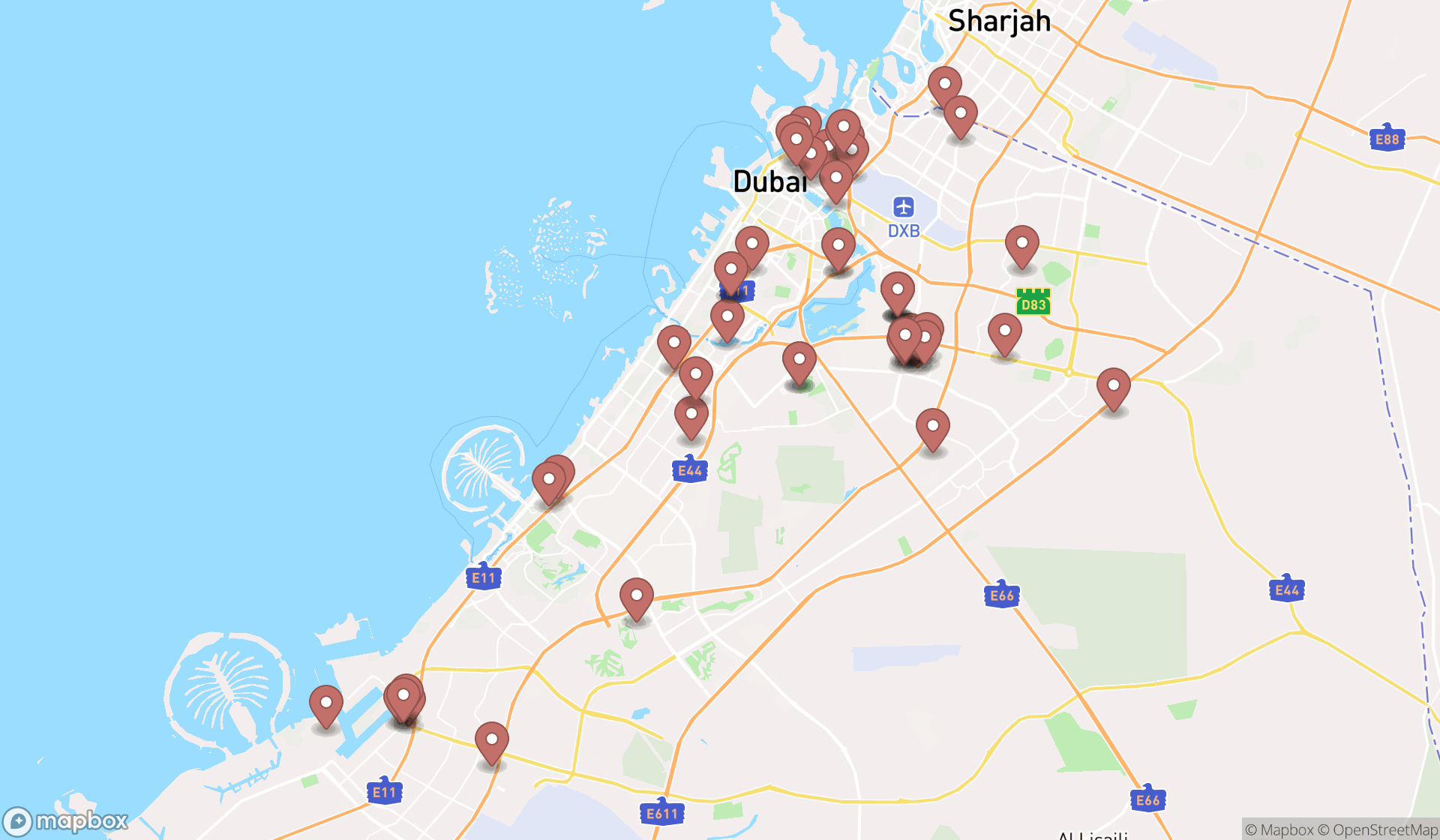 Map showing the search results in Dubai