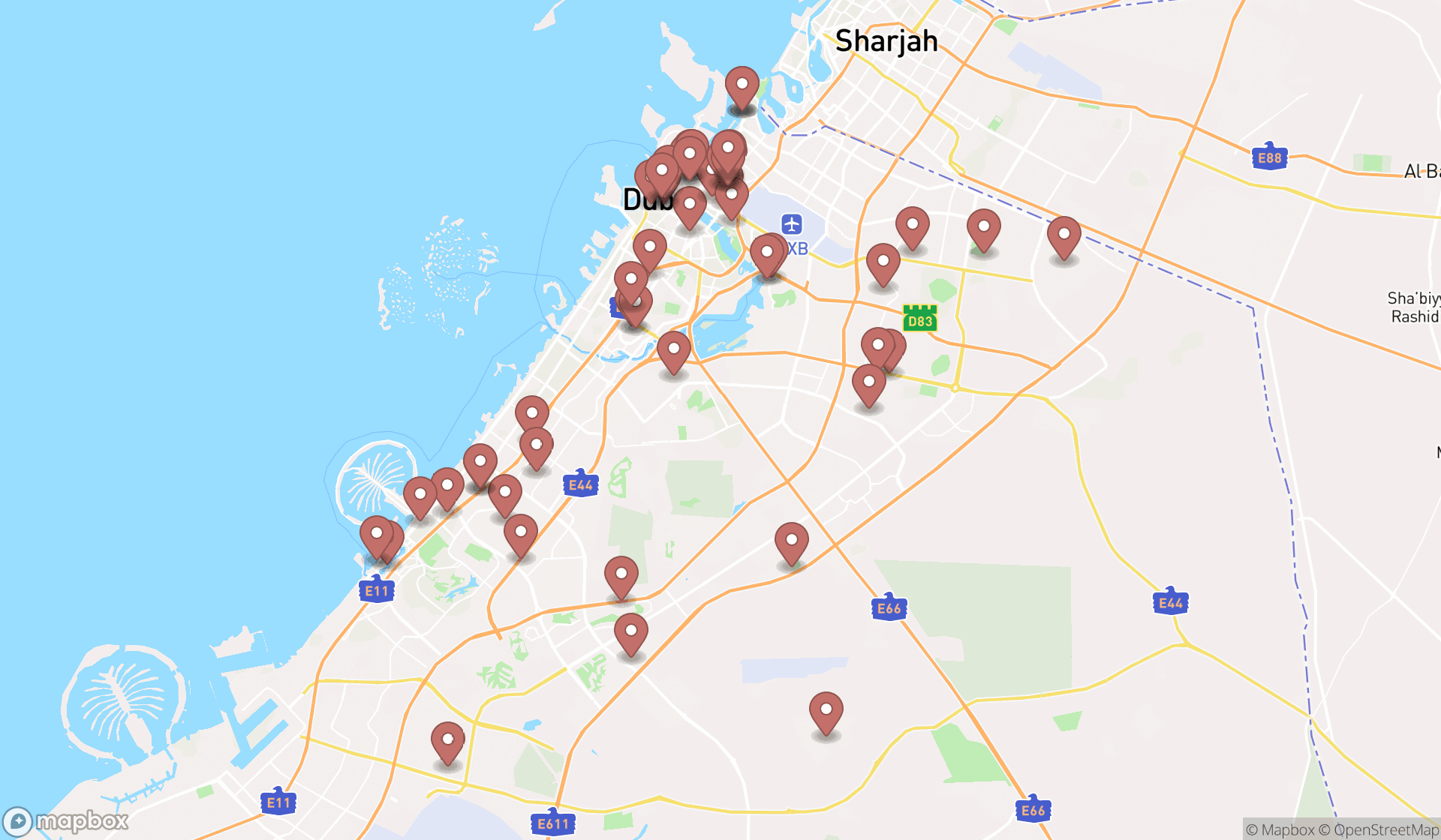 Map showing the search results in Dubai