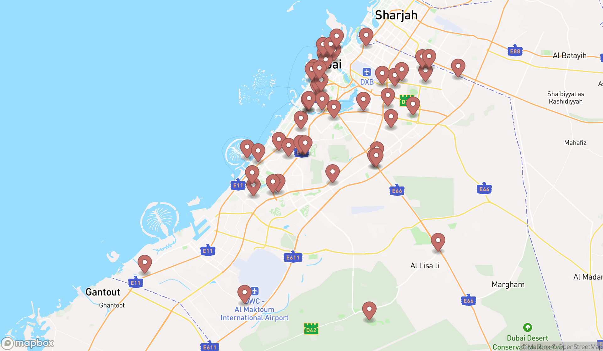Map showing the search results in Dubai