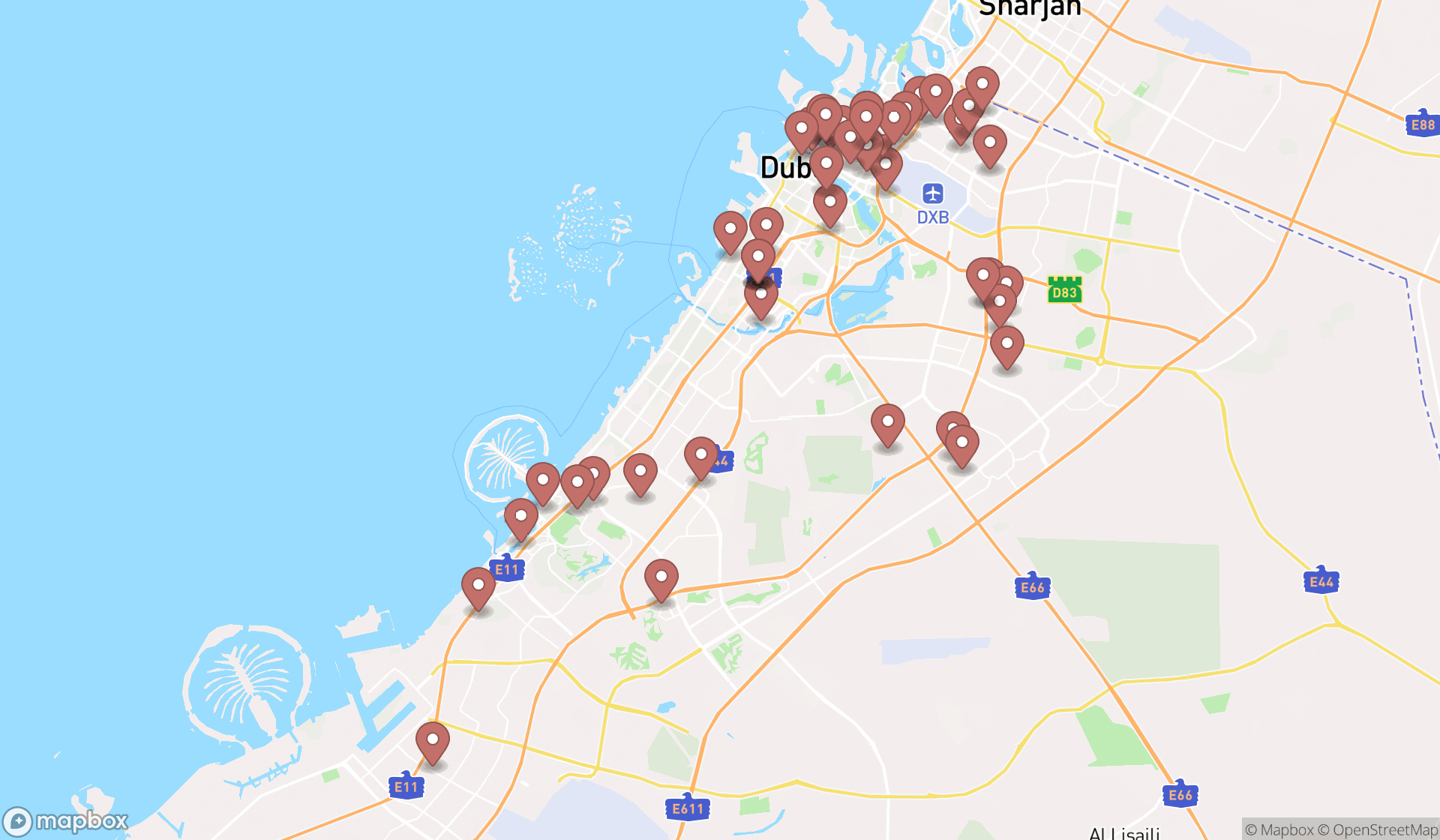 Map showing the search results in Dubai