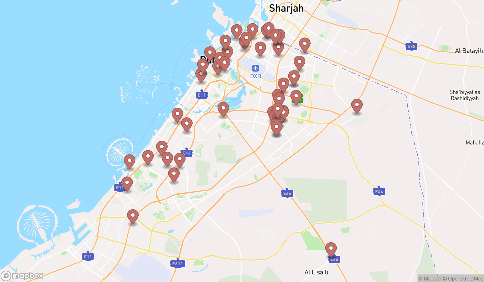 Map showing the search results in Dubai