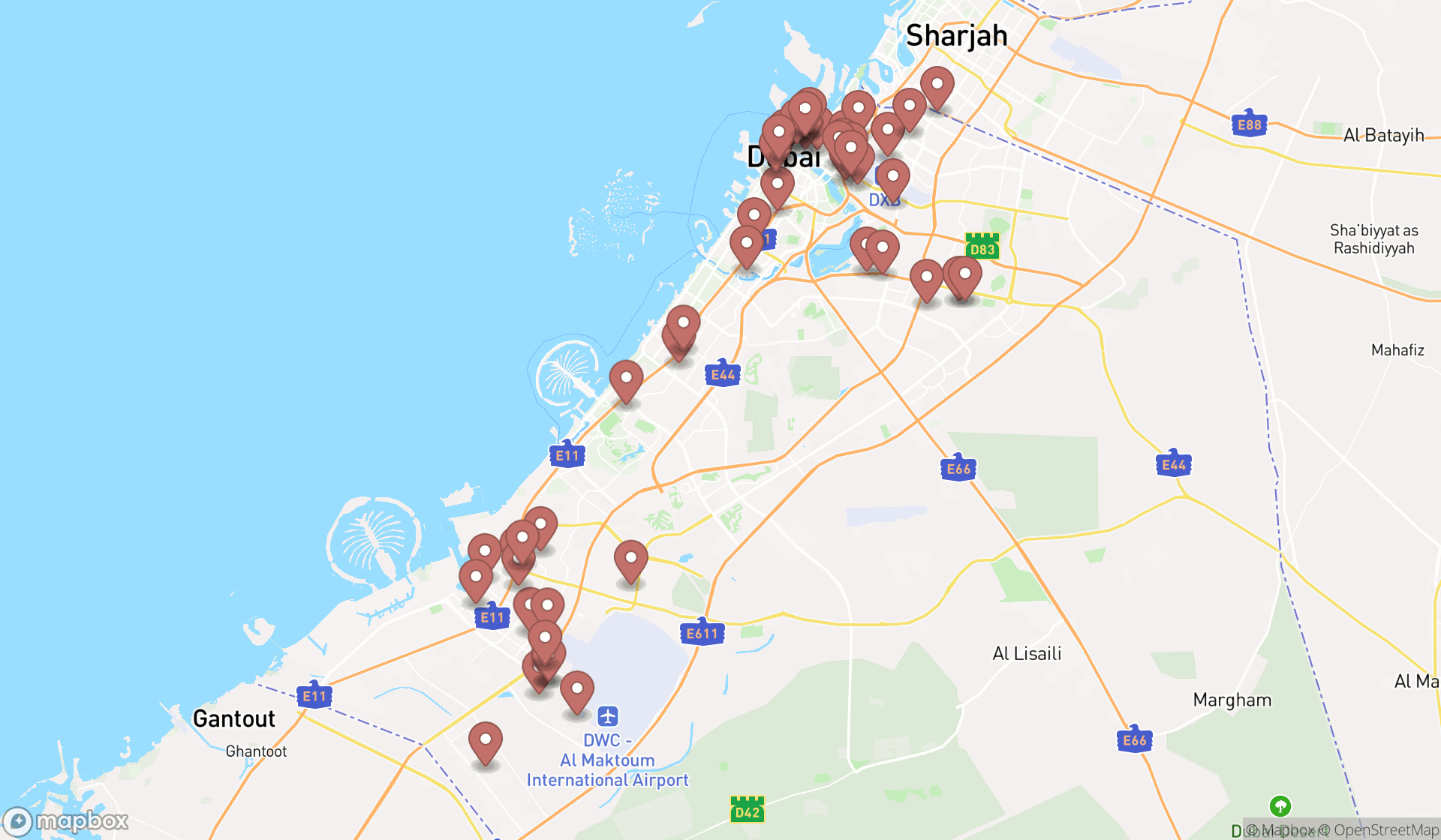 Map showing the search results in Dubai