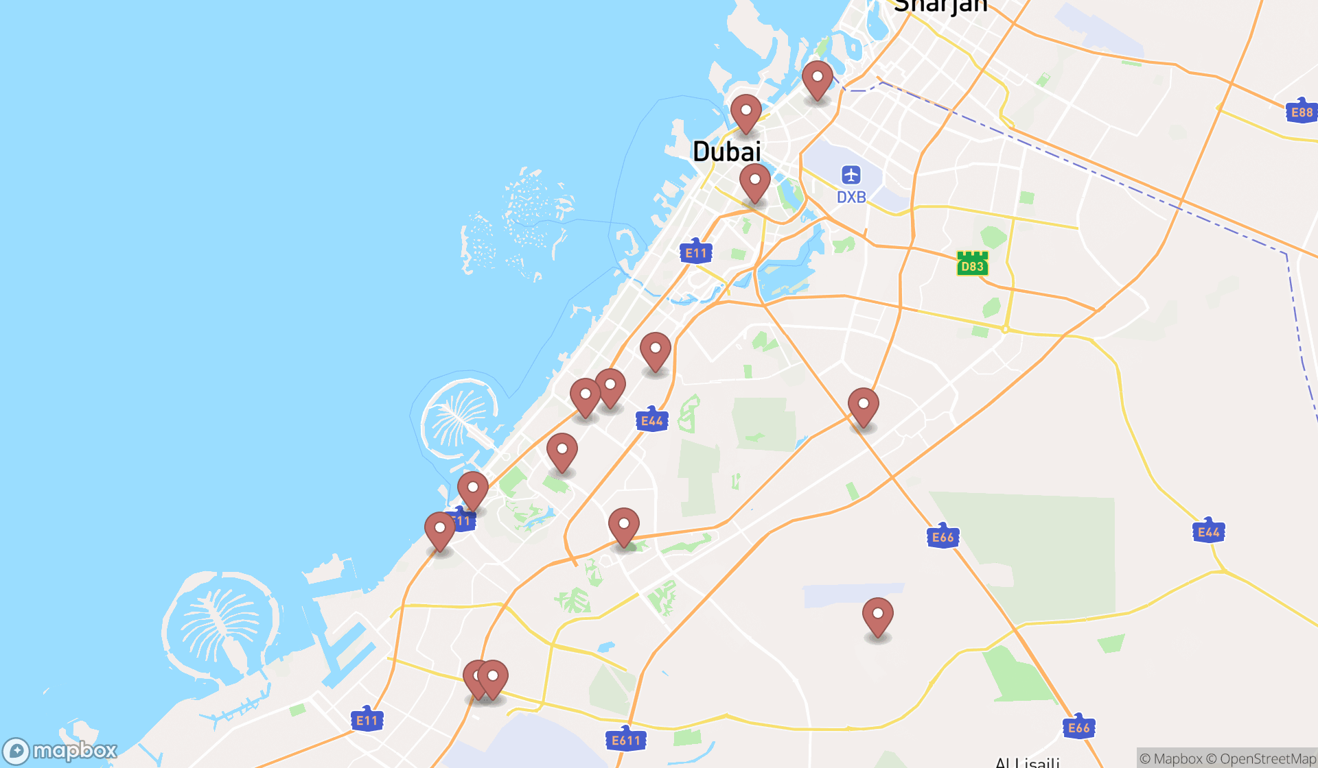 Map showing the search results in Dubai