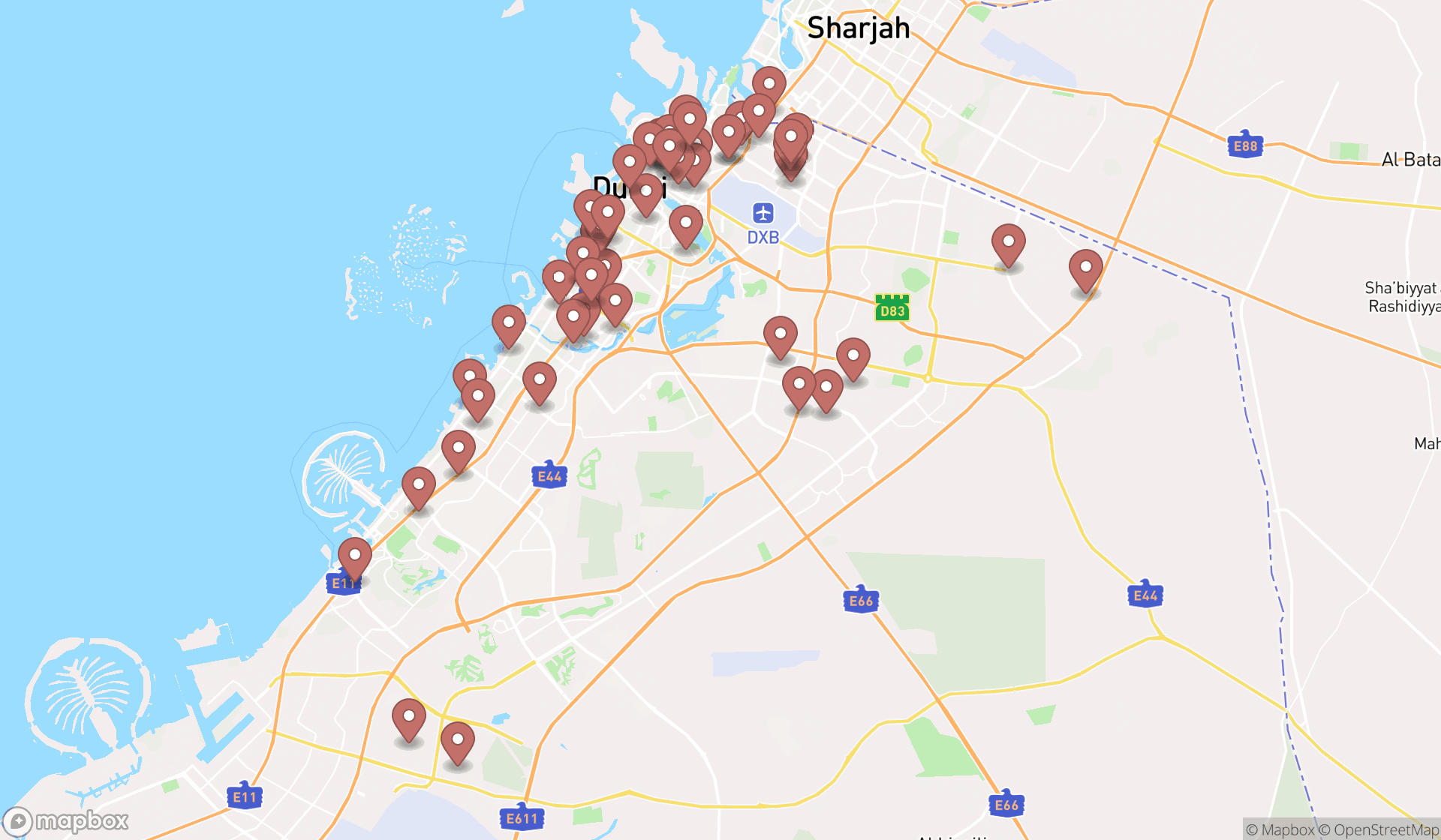 Map showing the search results in Dubai
