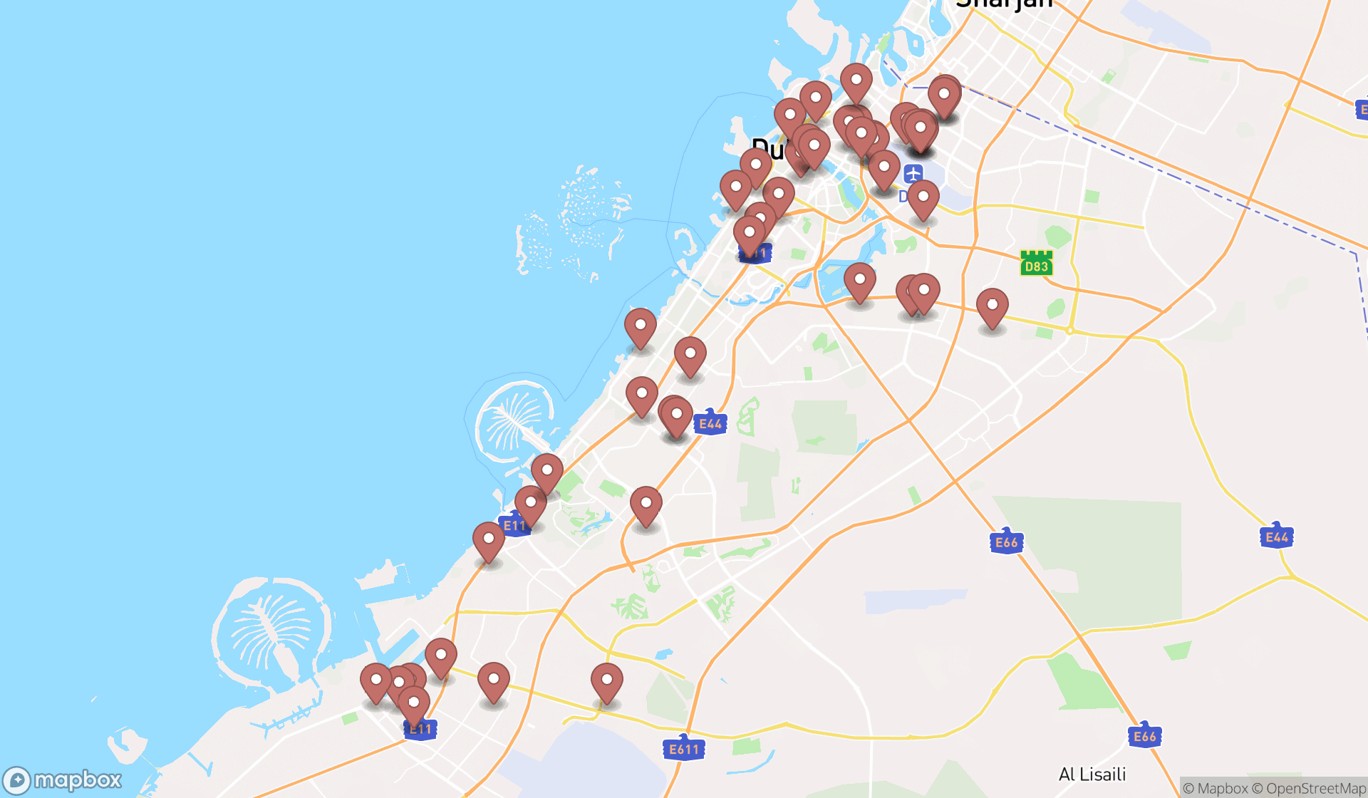 Map showing the search results in Dubai
