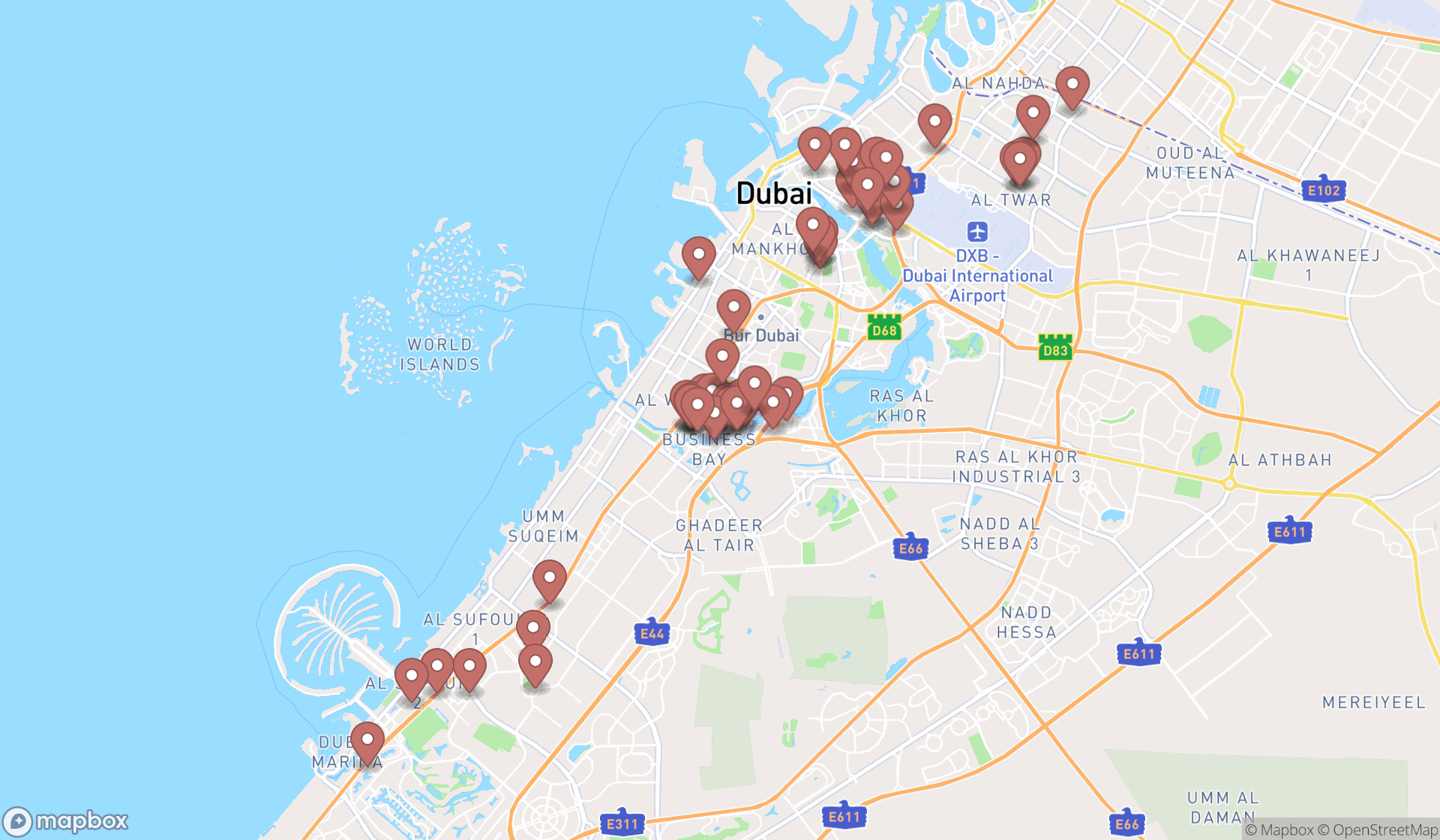 Map showing the search results in Dubai