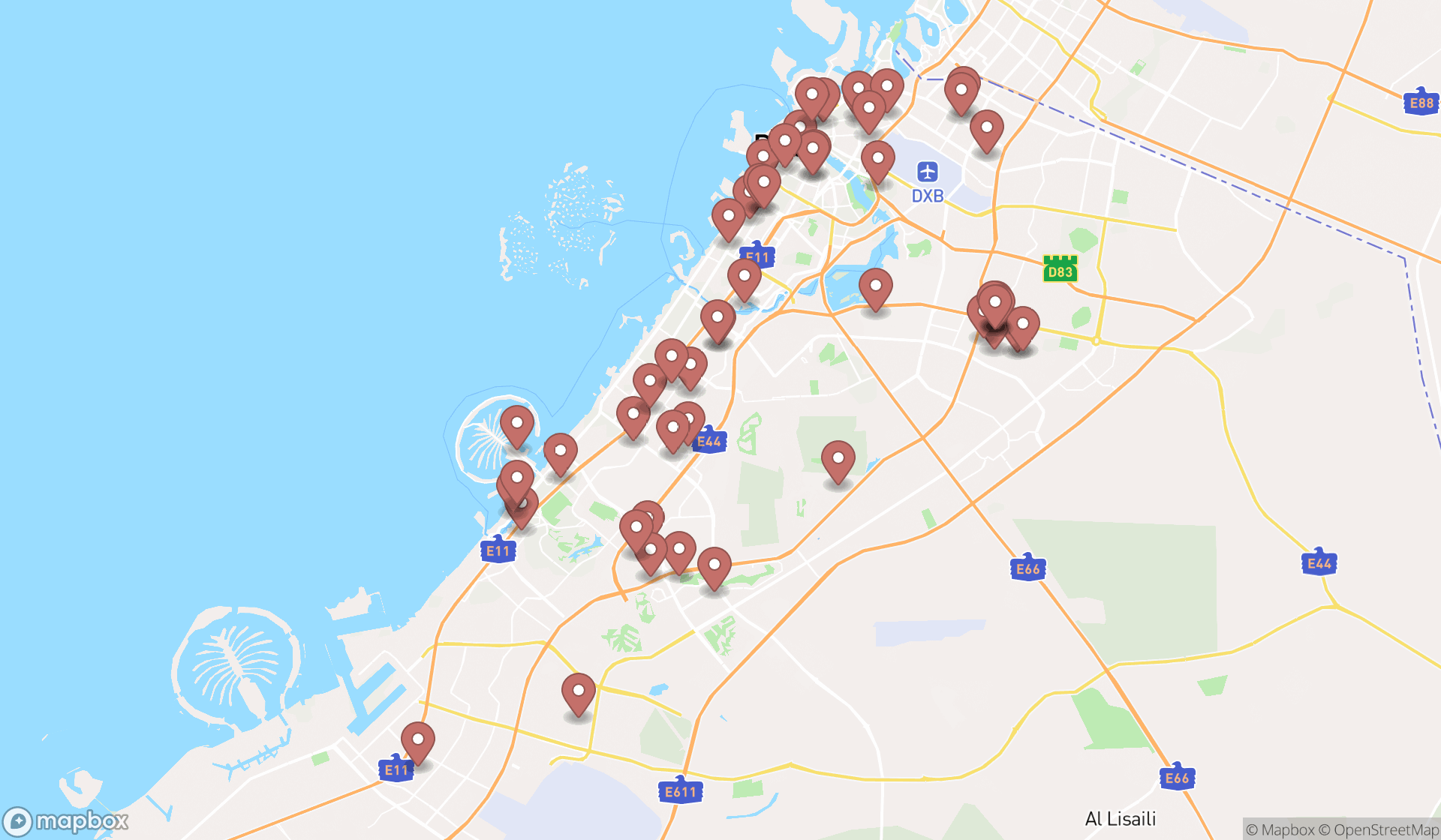 Map showing the search results in Dubai