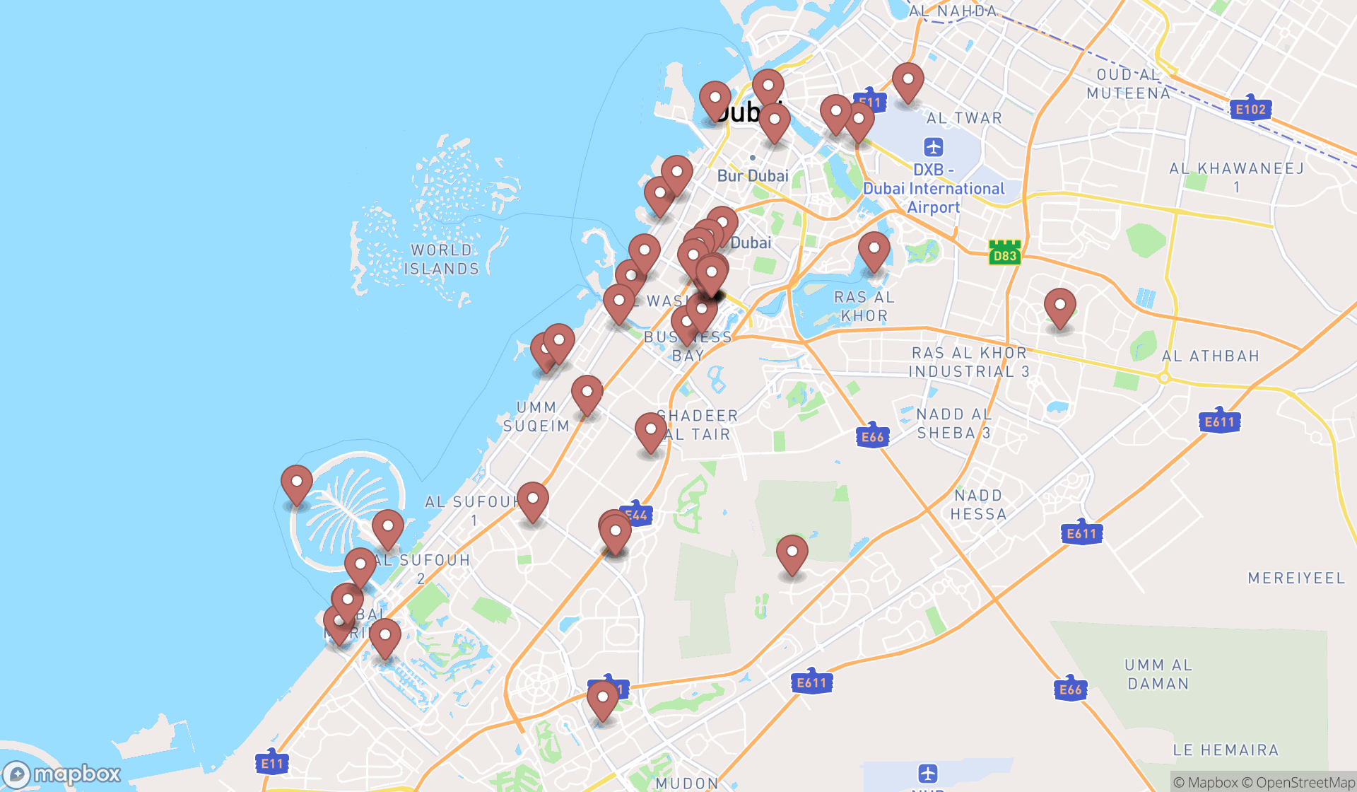Map showing the search results in Dubai
