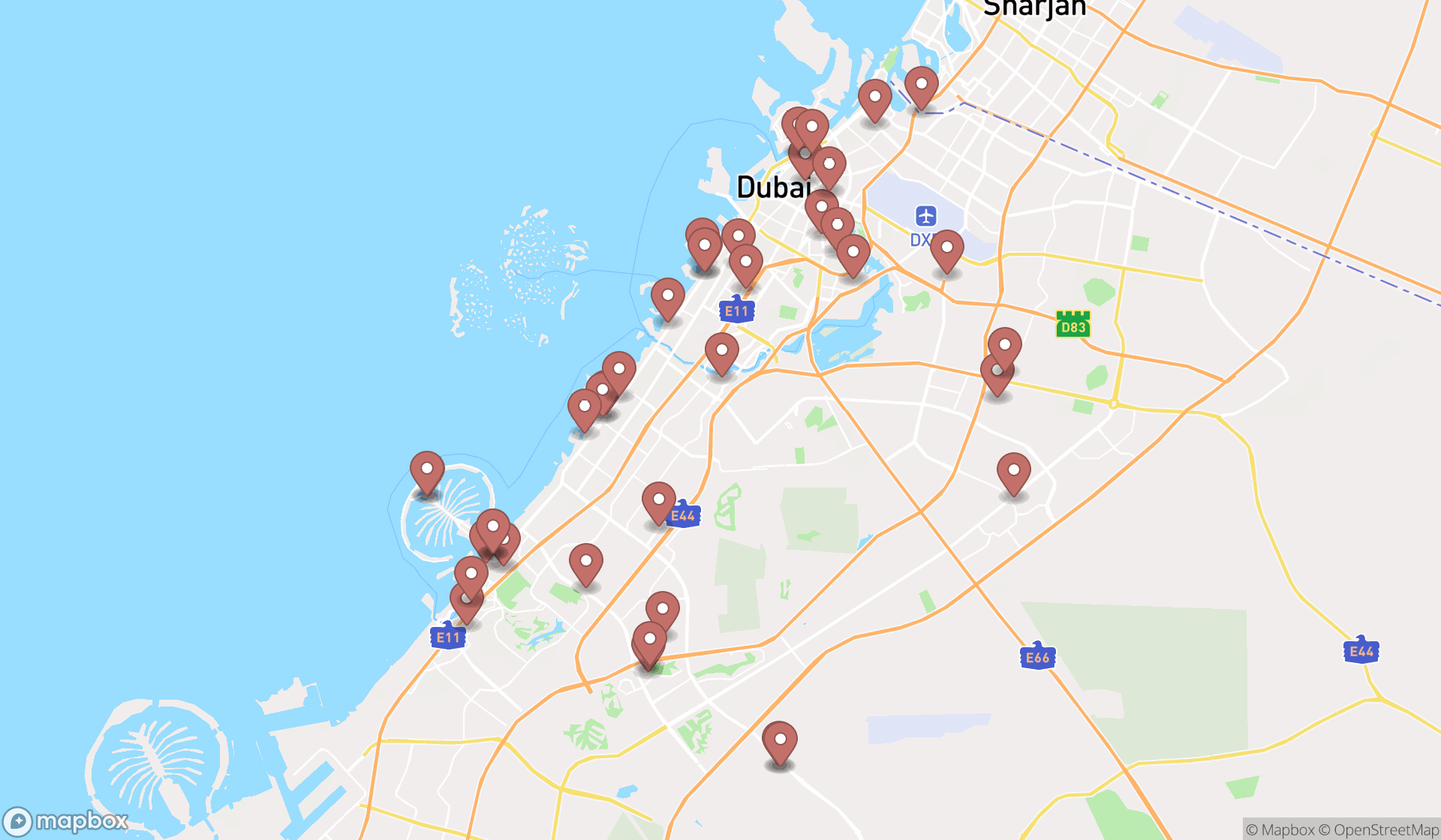 Map showing the search results in Dubai