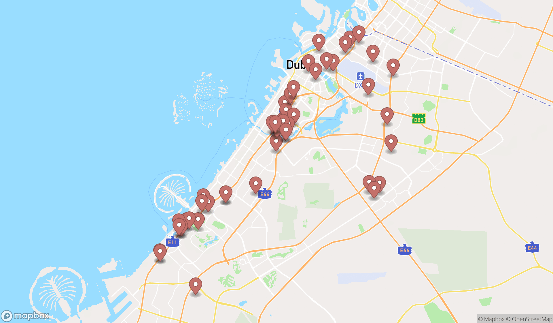 Map showing the search results in Dubai